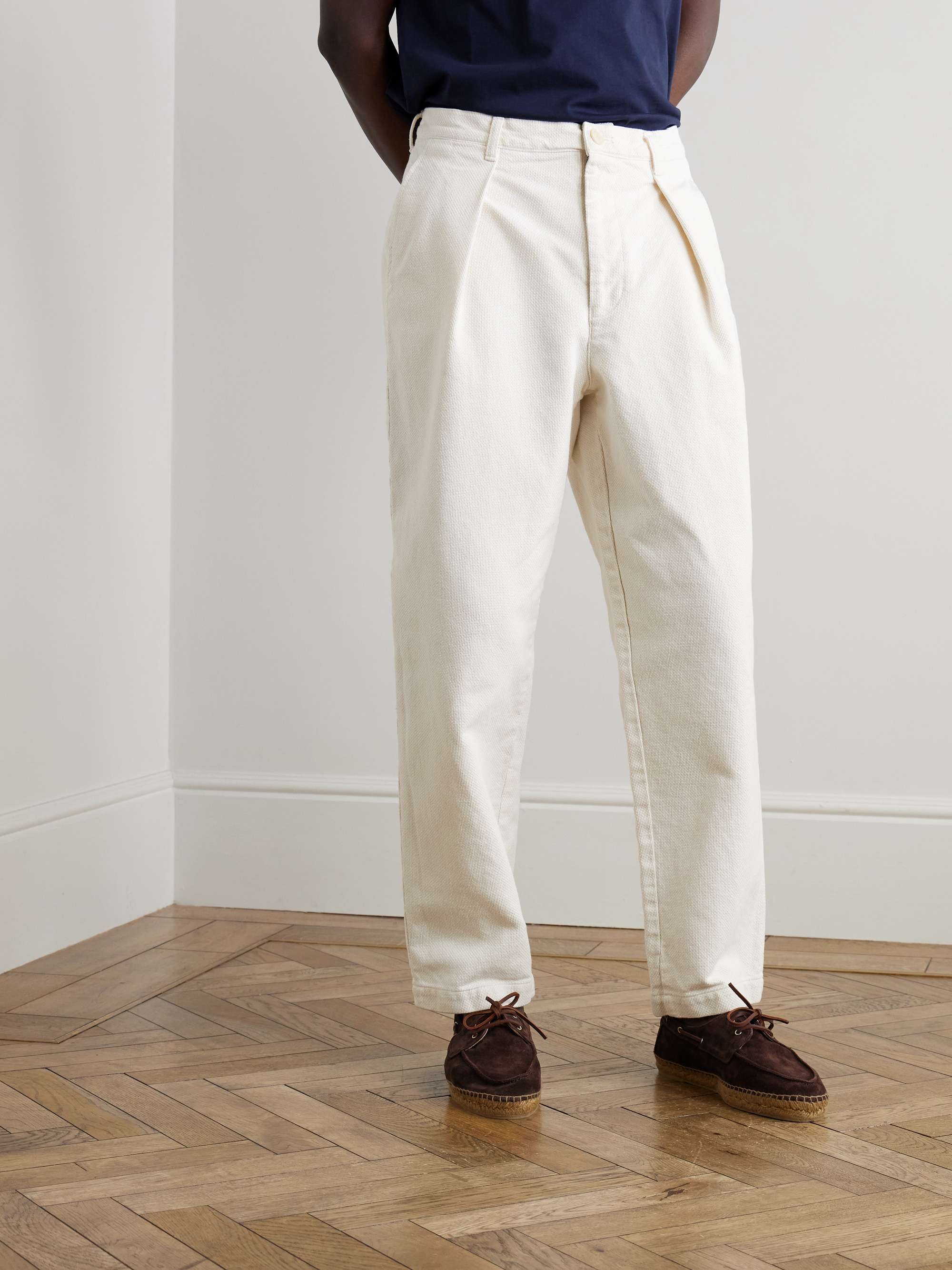 Tapered Pleated Textured-Cotton Trousers view