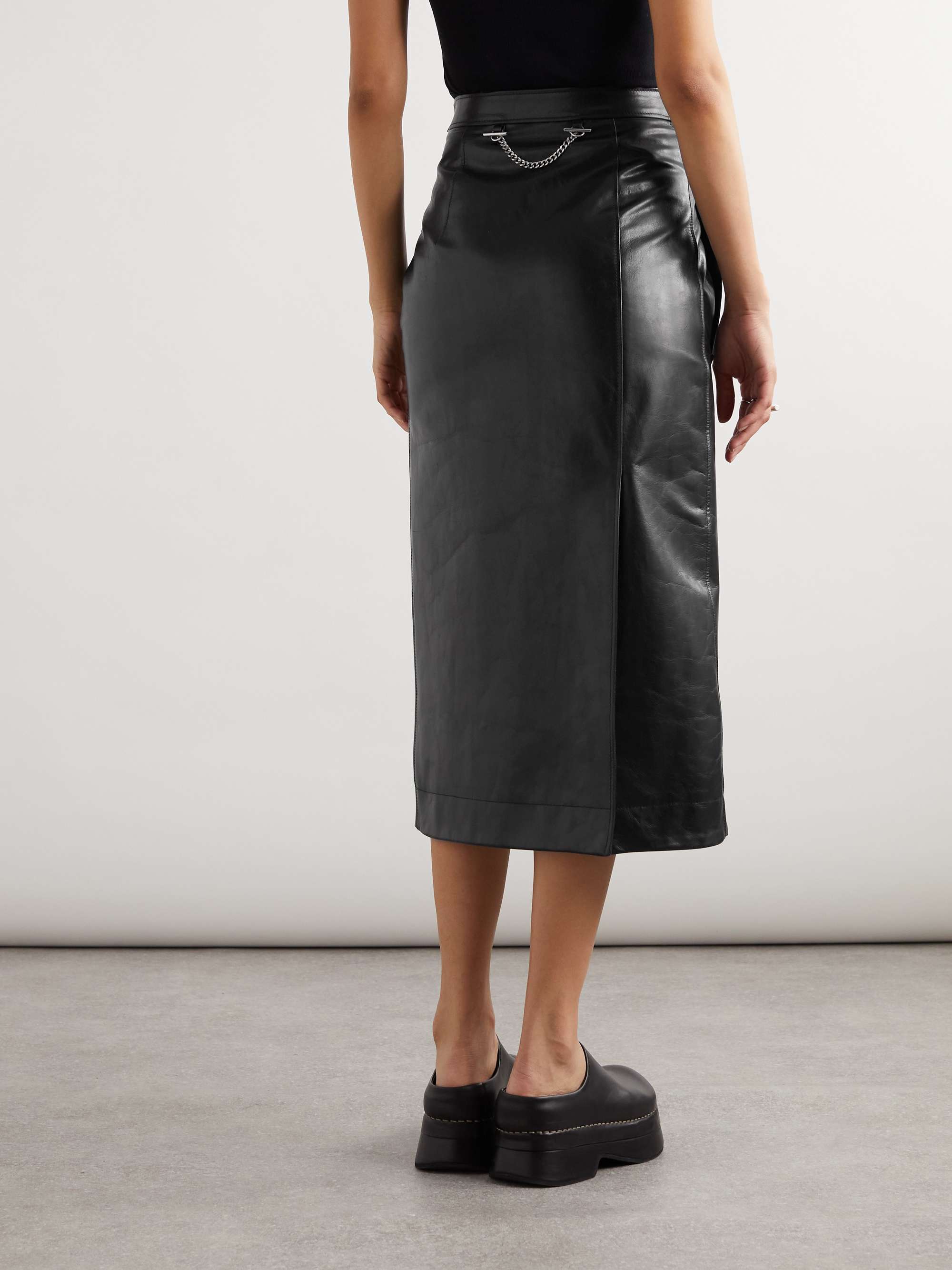 Wrap-effect chain-embellished paneled leather midi skirt view