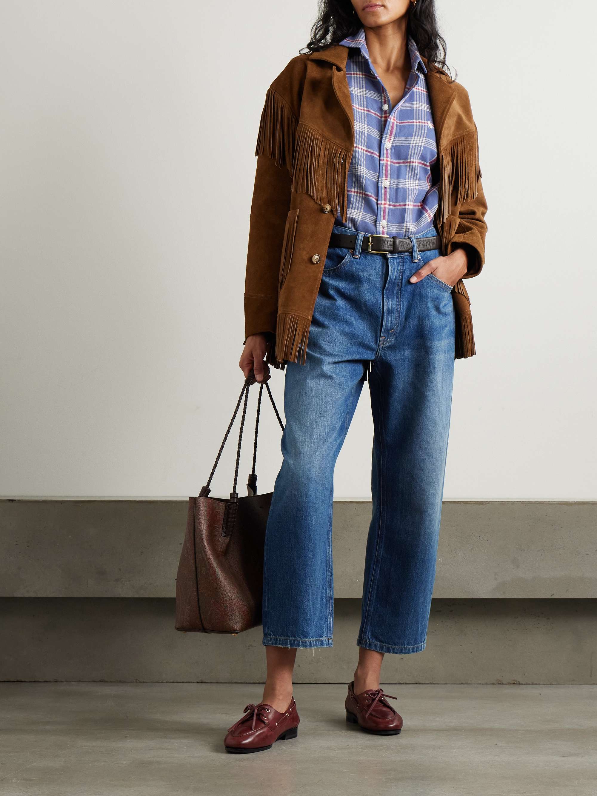 Embroidered checked cotton-flannel shirt view