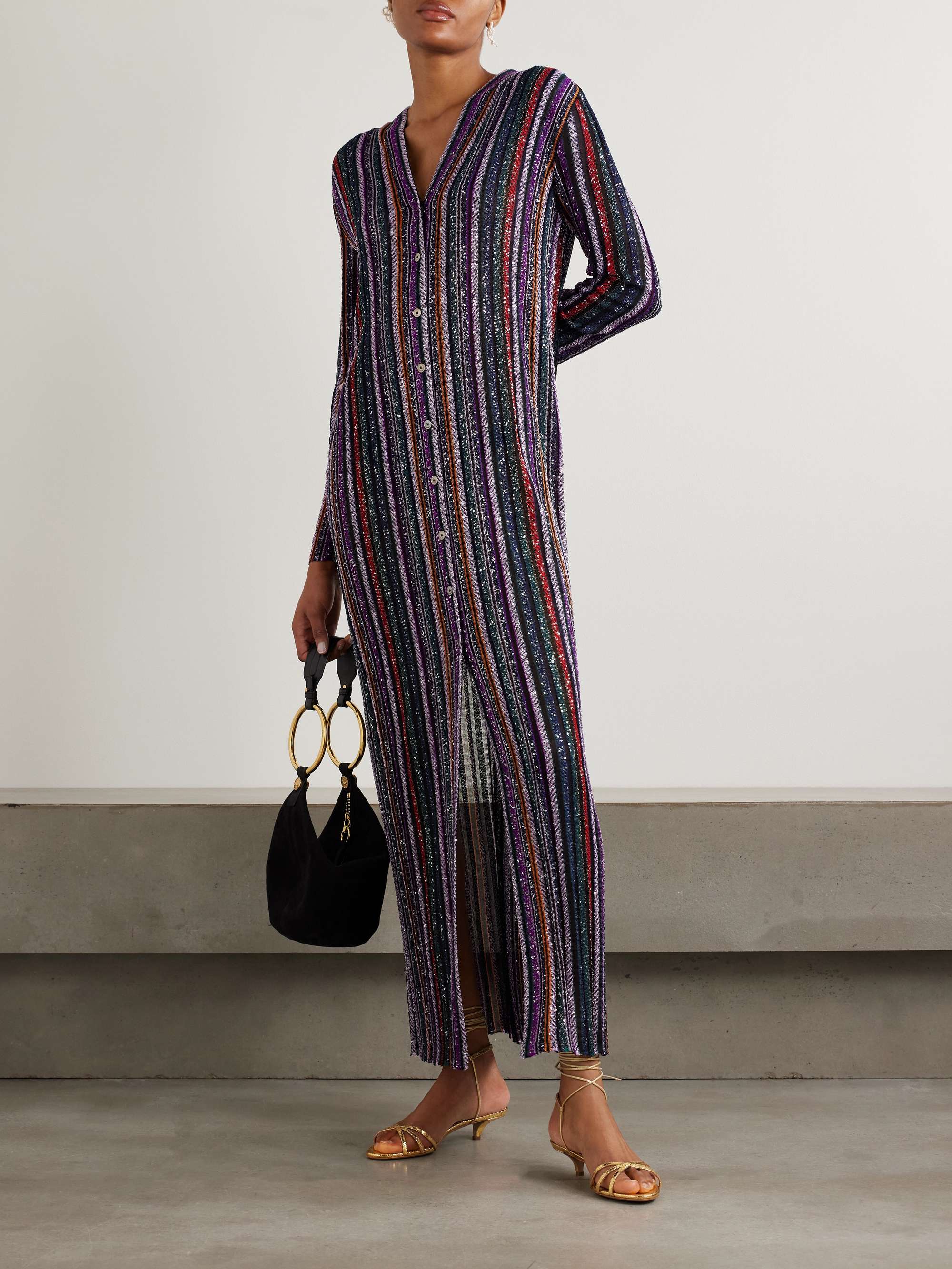Sequin-embellished striped crochet-knit cardigan view