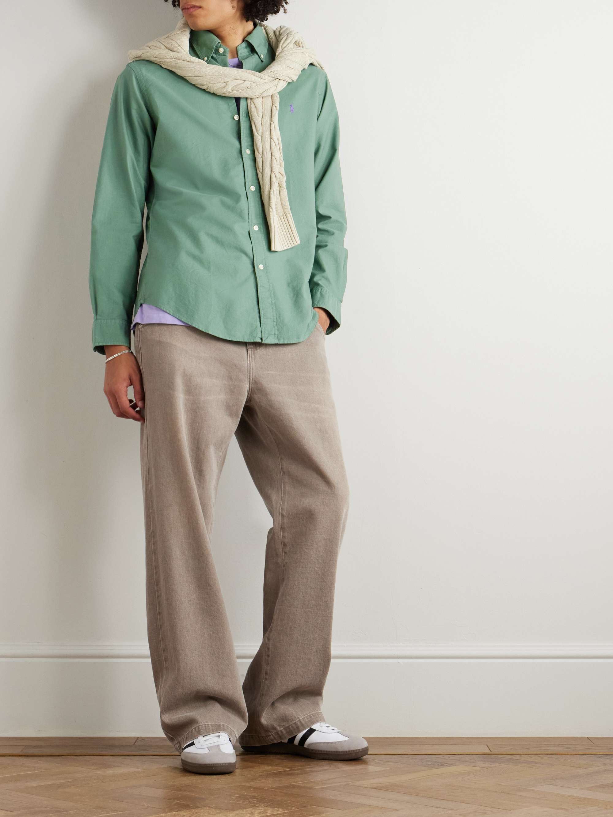 Slim-Fit Button-Down Collar Logo-Embroidered Cotton-Piqué Shirt view