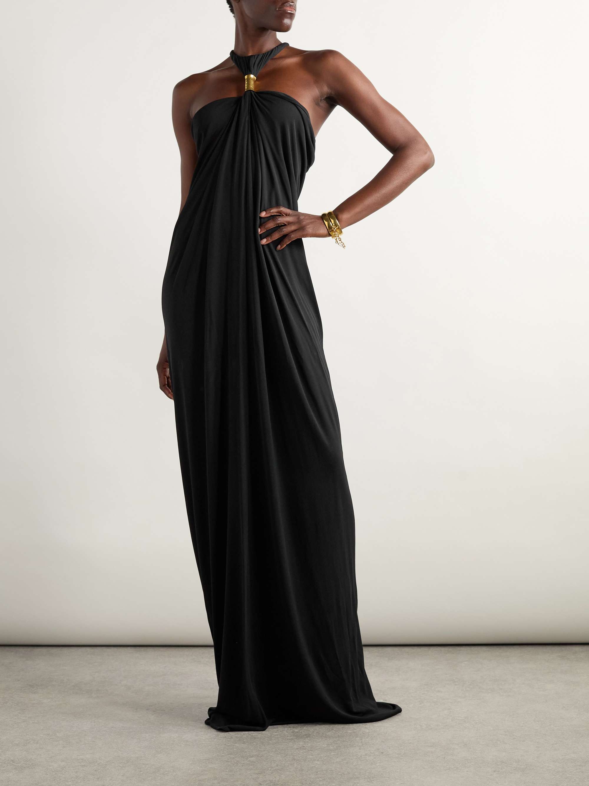 Gathered embellished jersey halterneck gown view