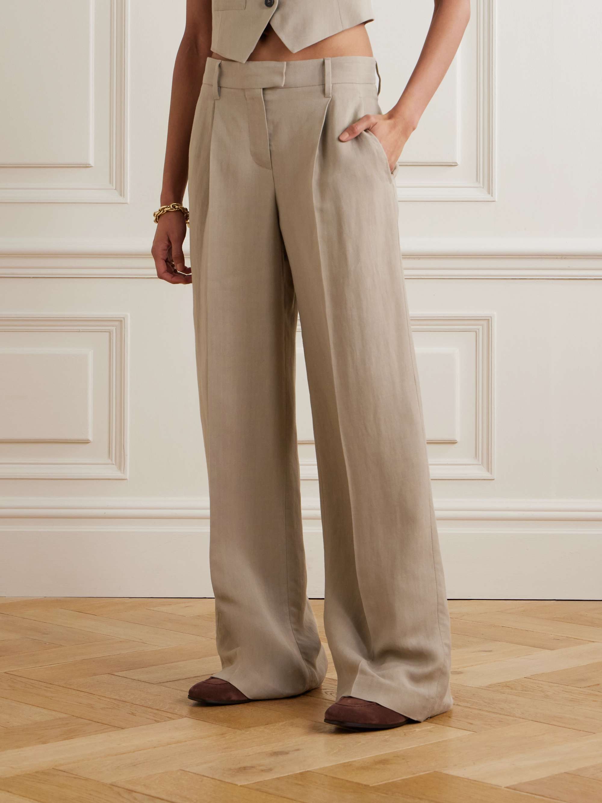 Bead-embellished pleated twill wide-leg pants view