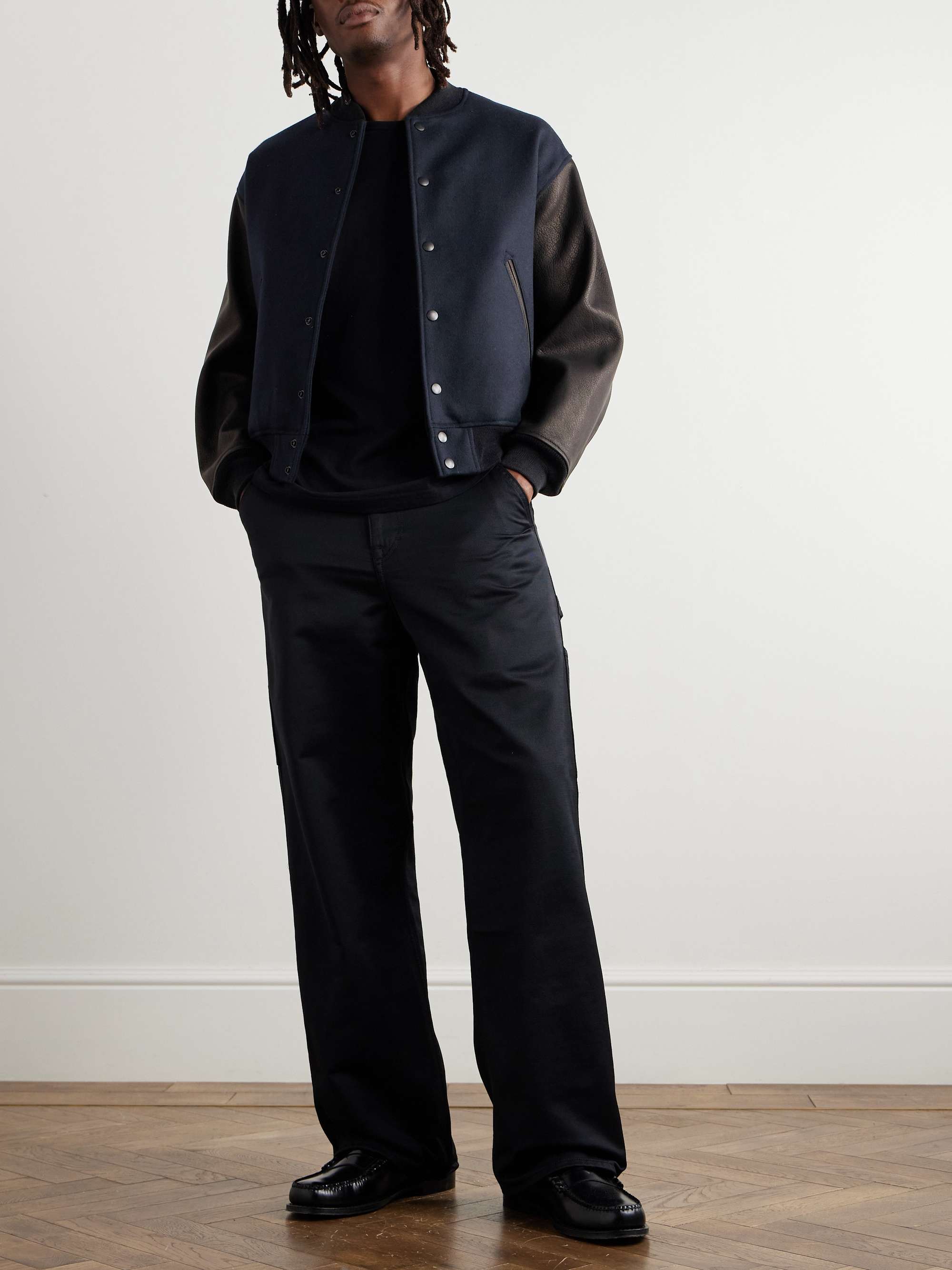 Award Full-Grain Leather and Wool-Twill Bomber Jacket view