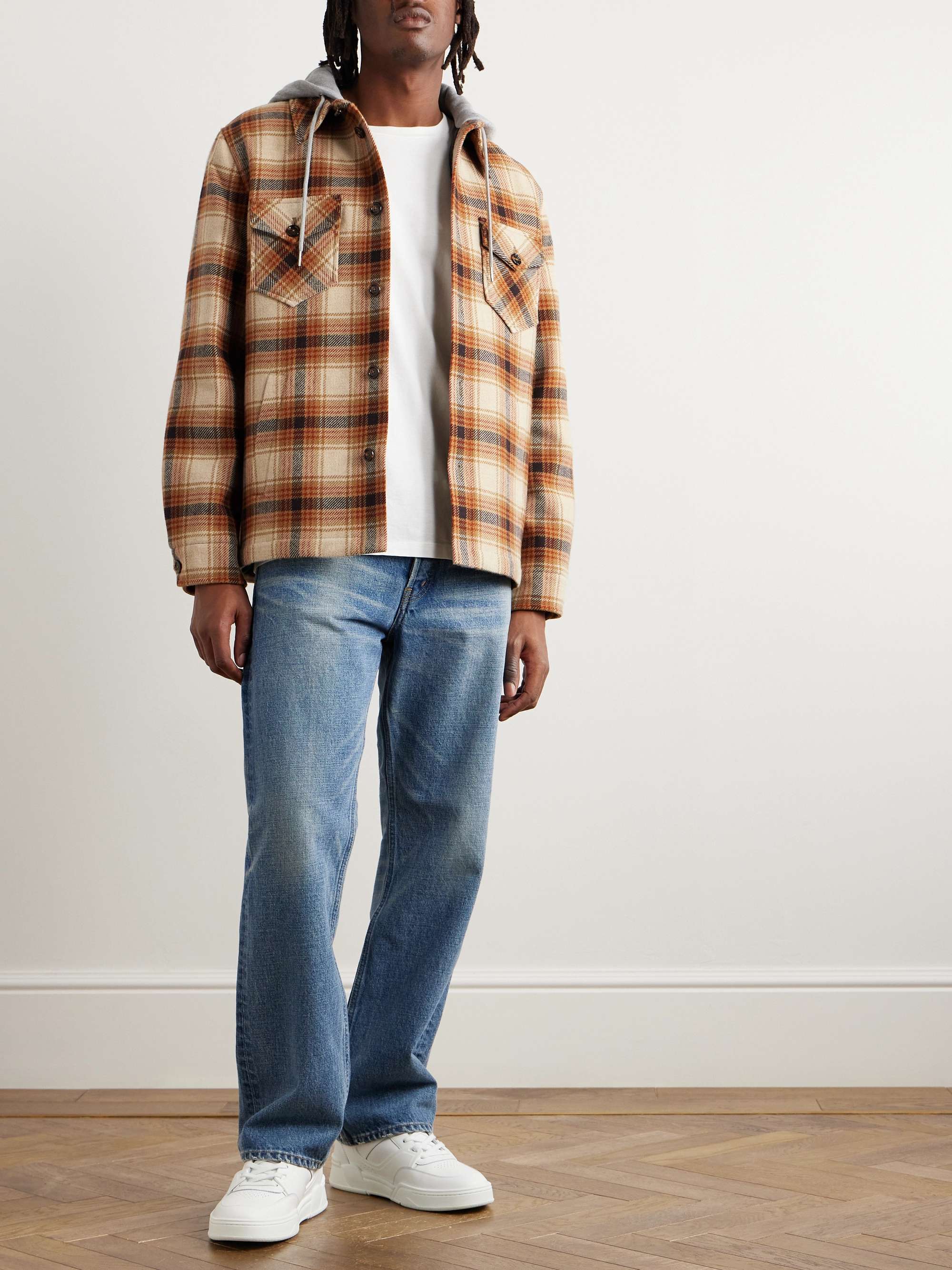 Logo-Print Cotton-Trimmed Checked Wool Hooded Overshirt view