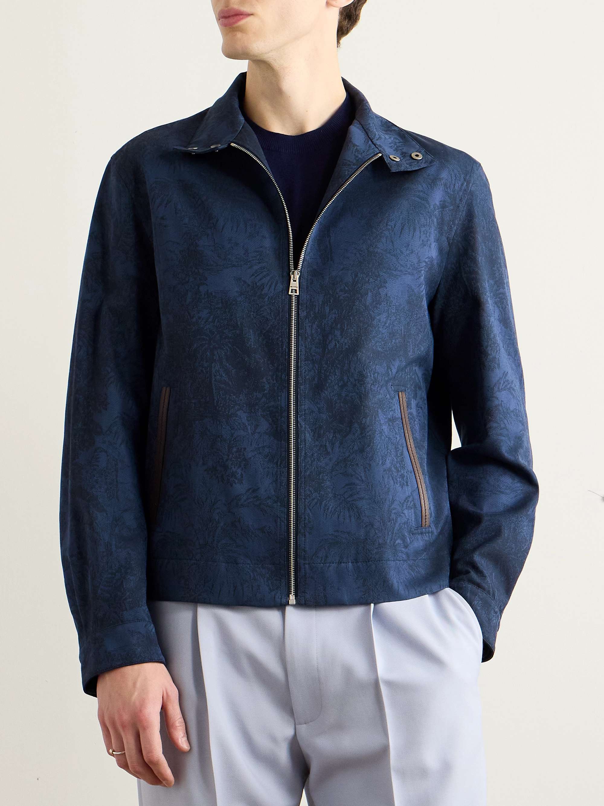 Leather-Trimmed Cotton and Wool-Blend Jacquard Bomber Jacket view