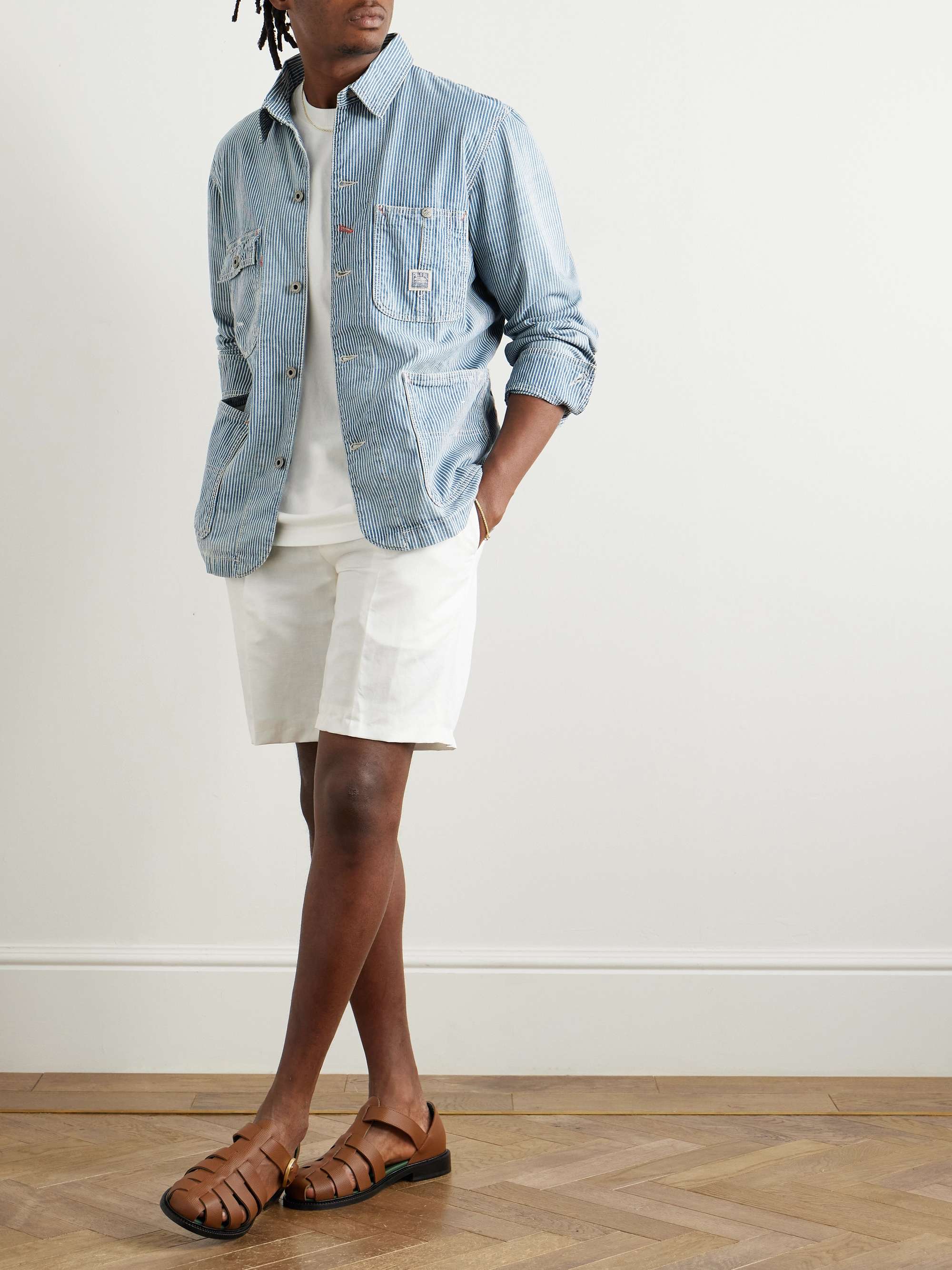 Logo-Appliquéd Paint-Splattered Striped Denim Overshirt view