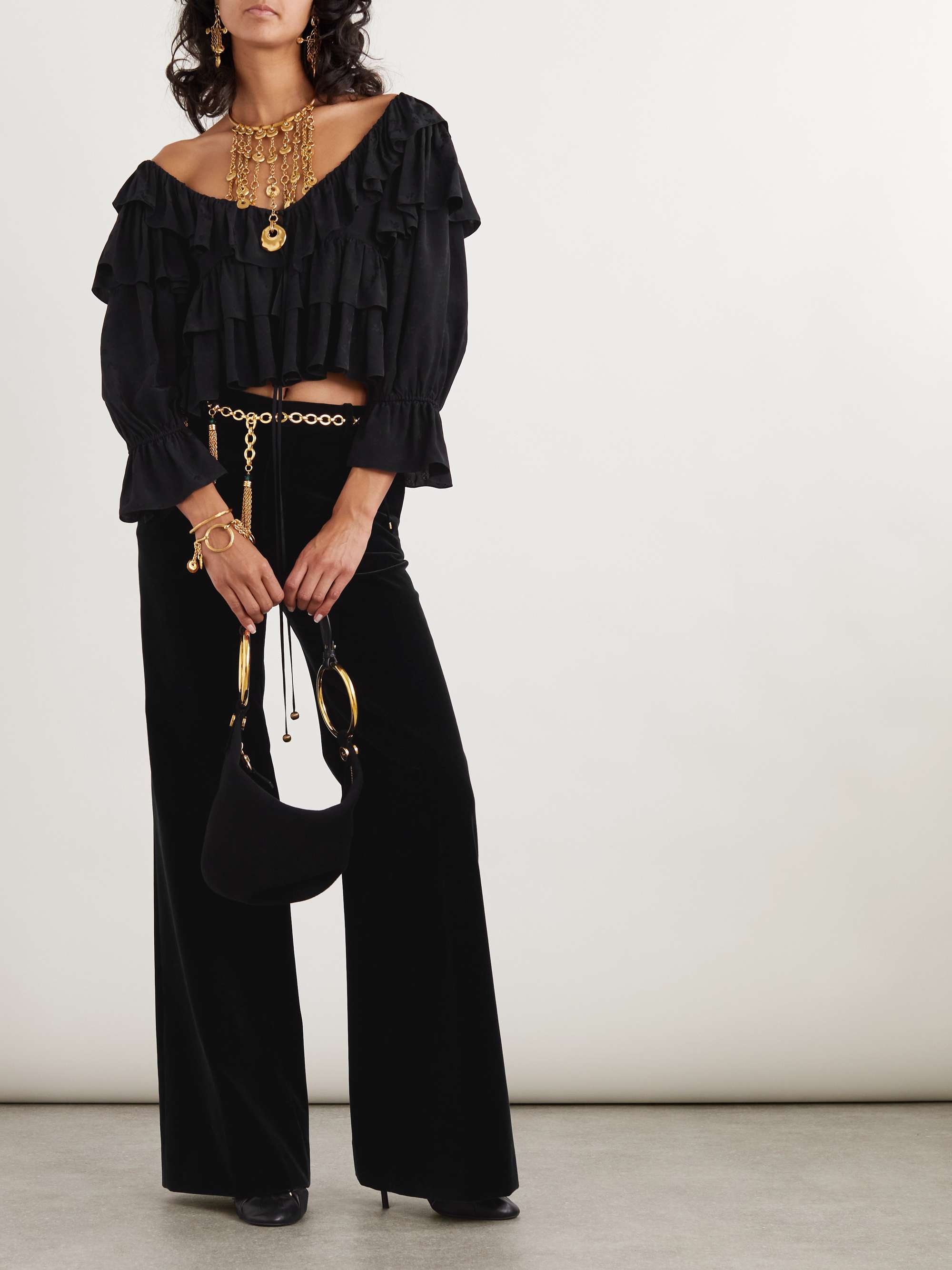 Ruffled cropped floral-jacquard blouse view