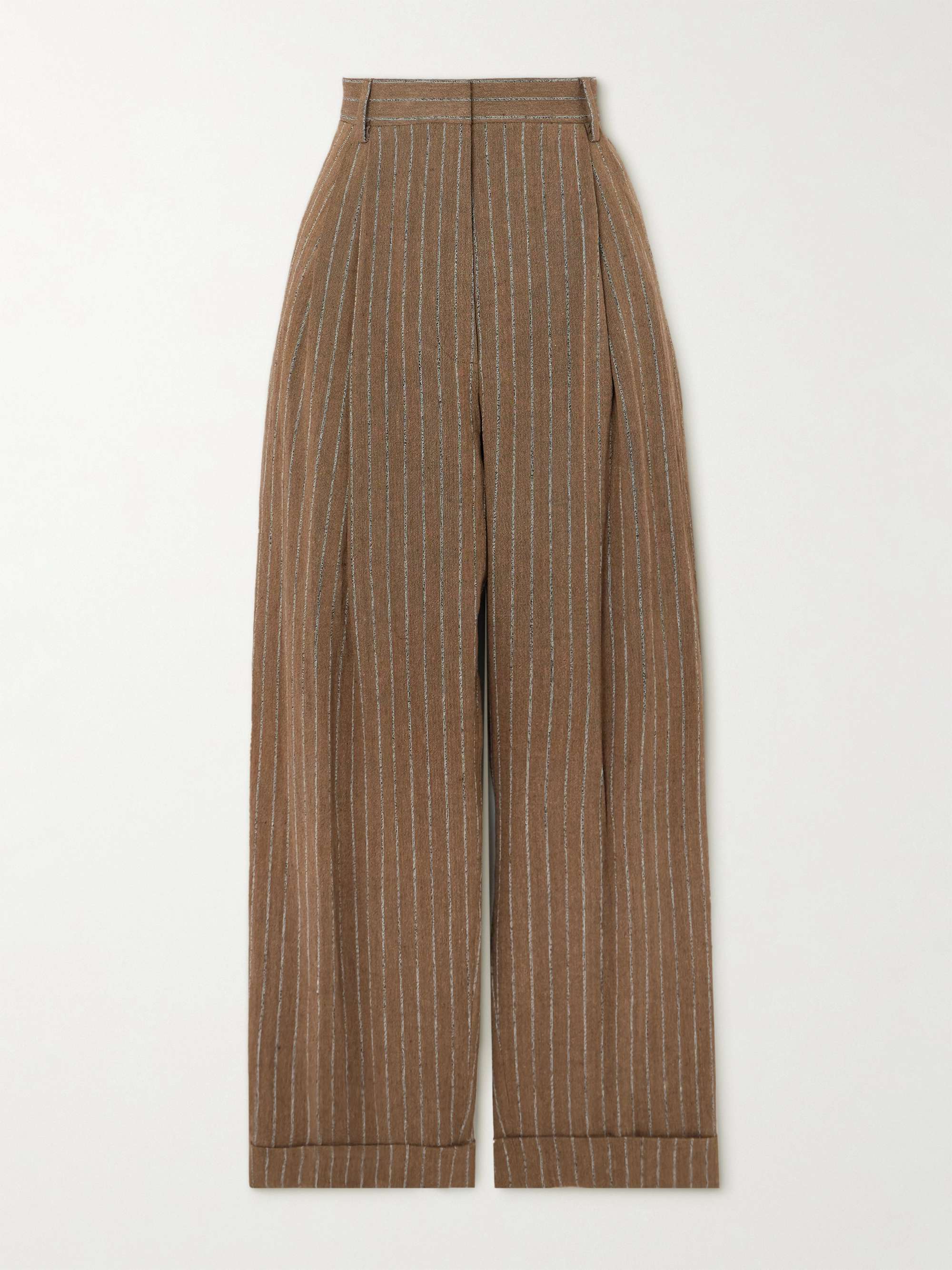 Pleated striped linen-blend straight-leg pants view