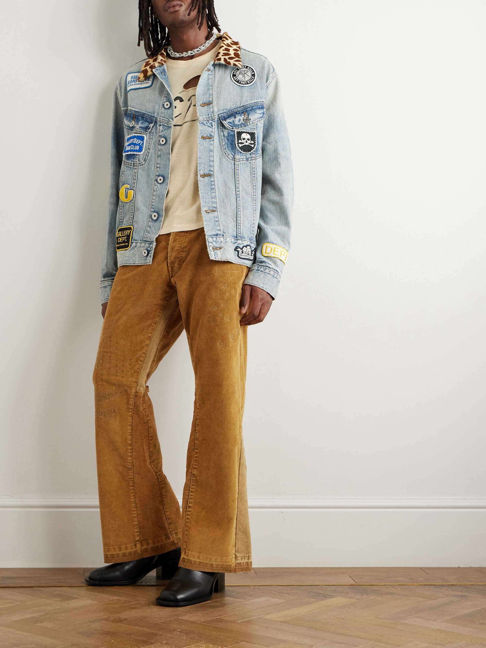 Flared Distressed Cotton-Corduroy and Canvas Trousers view