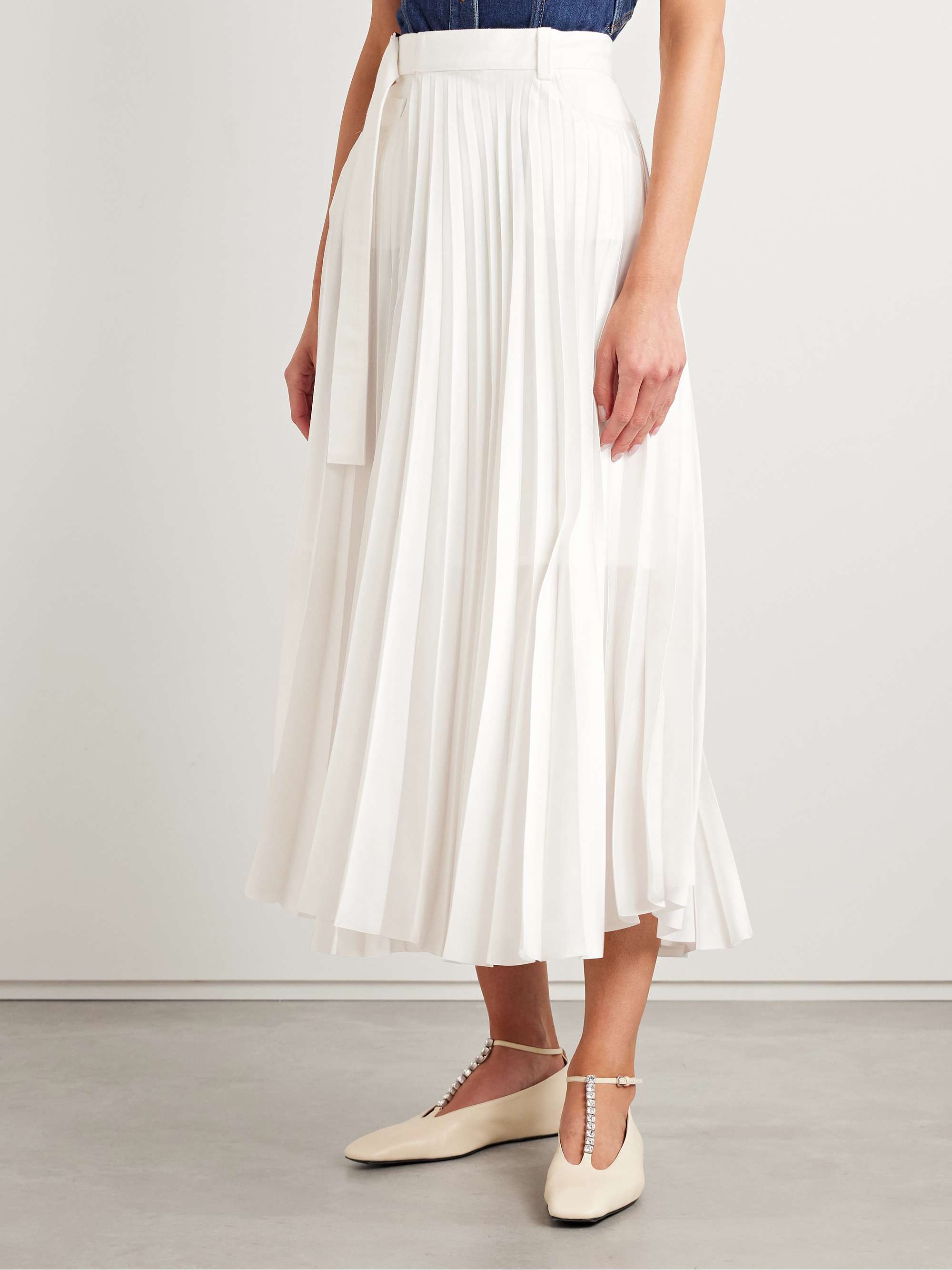 Belted denim-trimmed pleated satin midi wrap skirt view