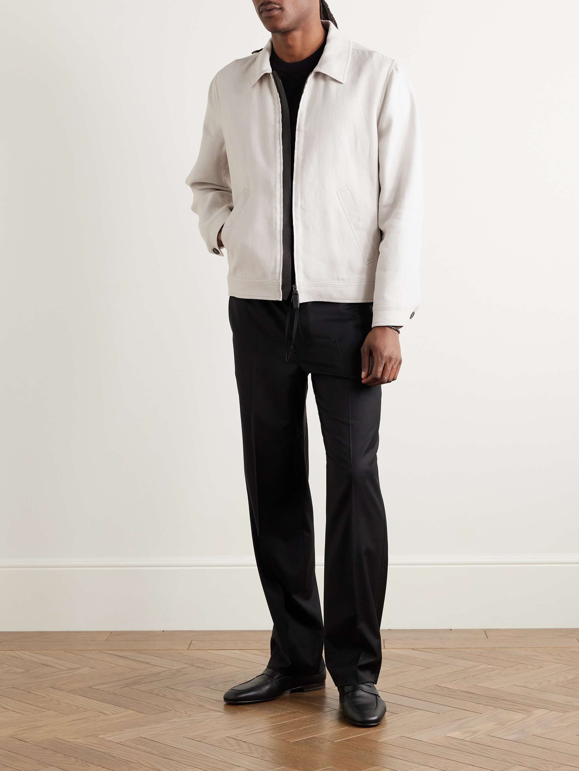Leather-Trimmed Linen-Blend Bomber Jacket view