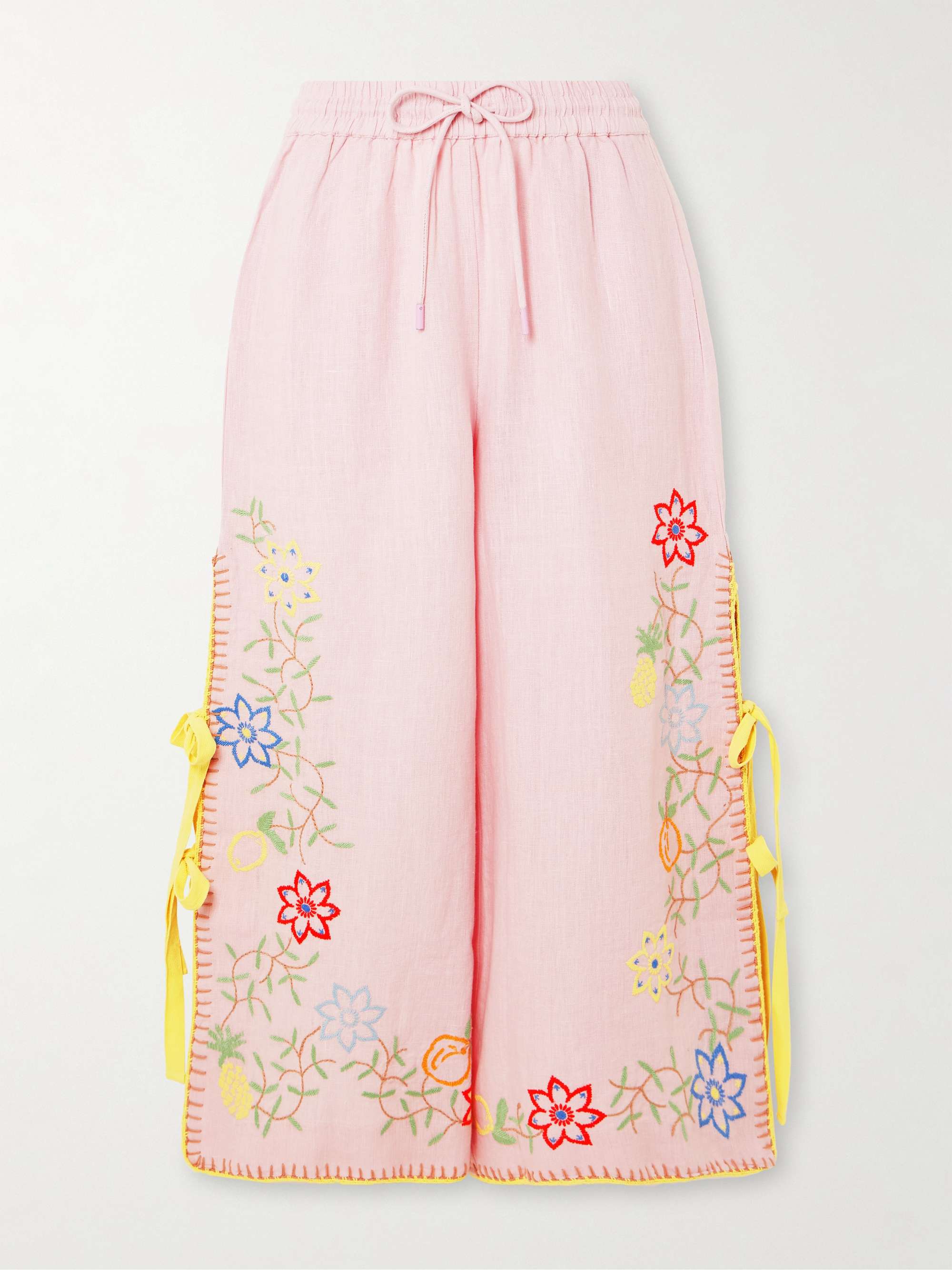 Olivia tie-detailed embroidered linen wide-leg pants view