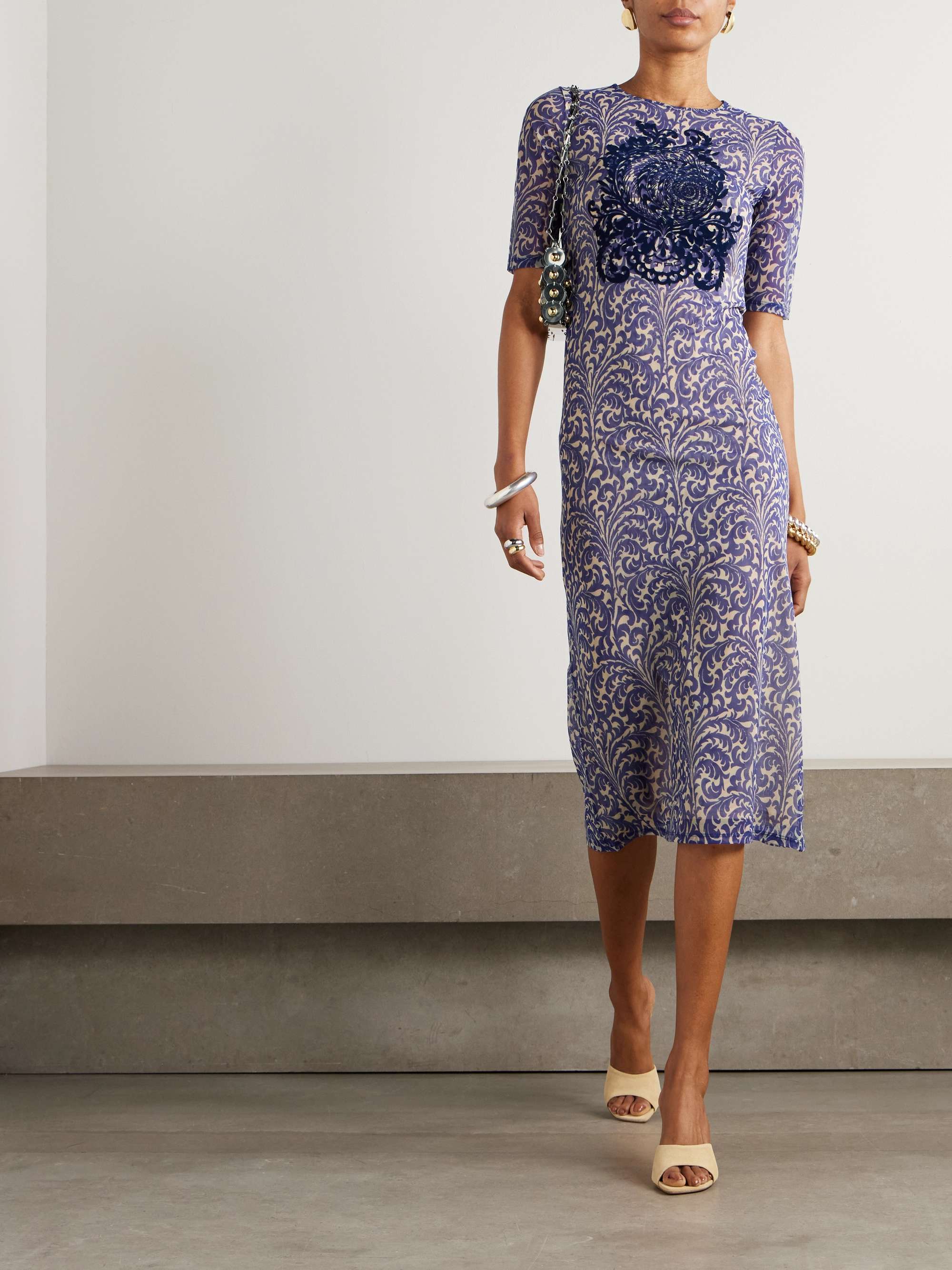 Flocked printed mesh midi dress view