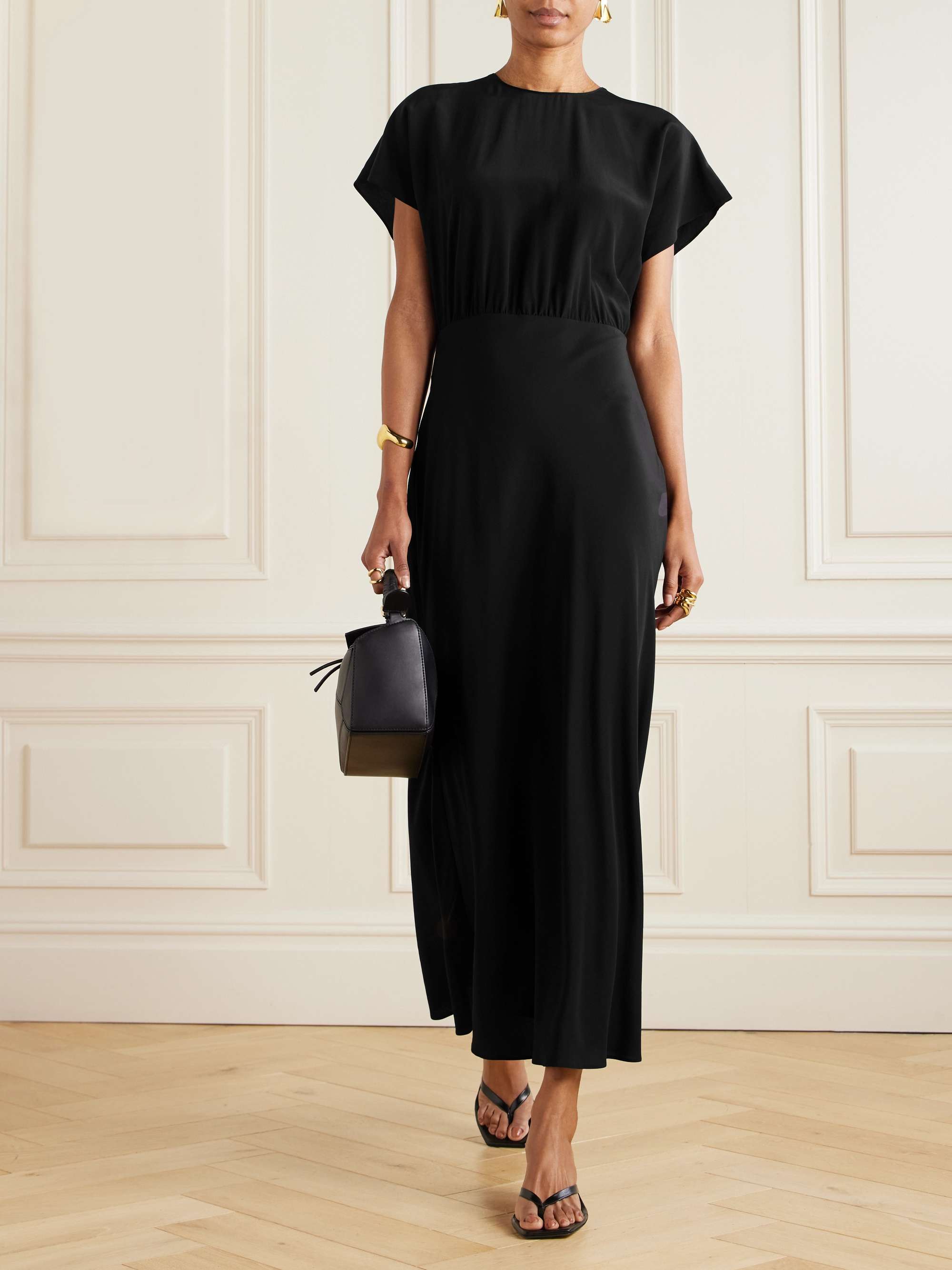 Gathered silk crepe de chine maxi dress view