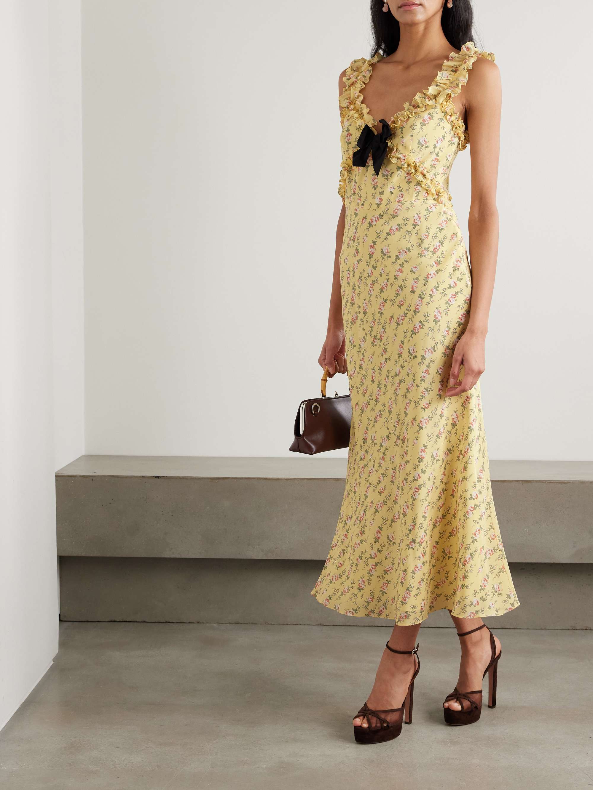 Bow-detailed ruffled floral-print silk crepe de chine midi dress view