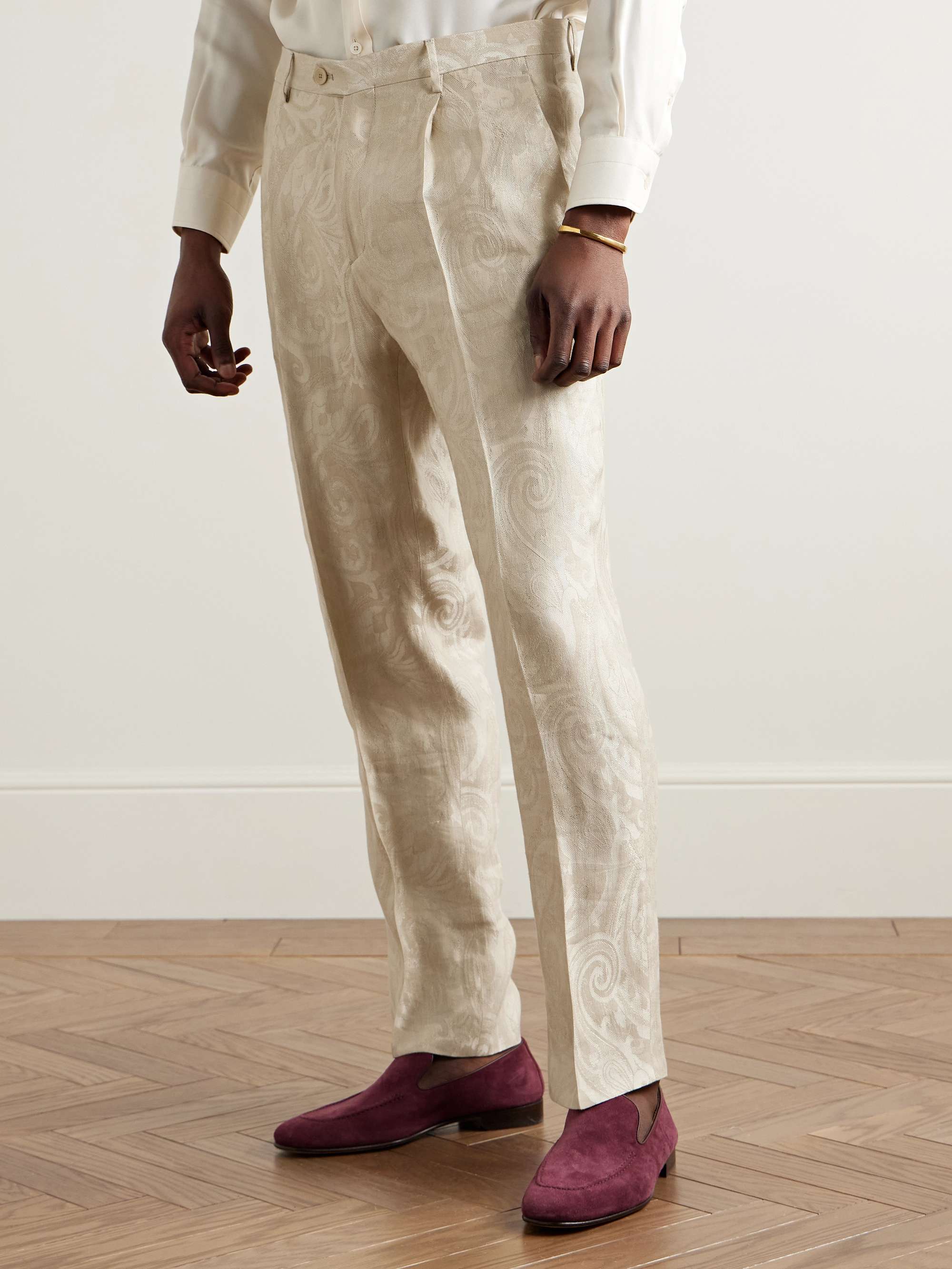 Straight-Leg Pleated Paisley-Jacquard Linen-Blend Suit Trousers view