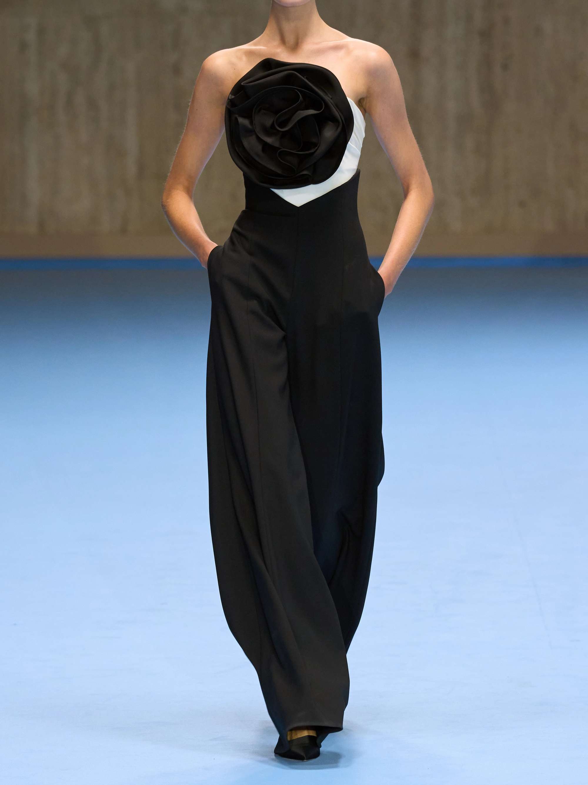 Strapless cropped appliquéd pleated silk-twill top view