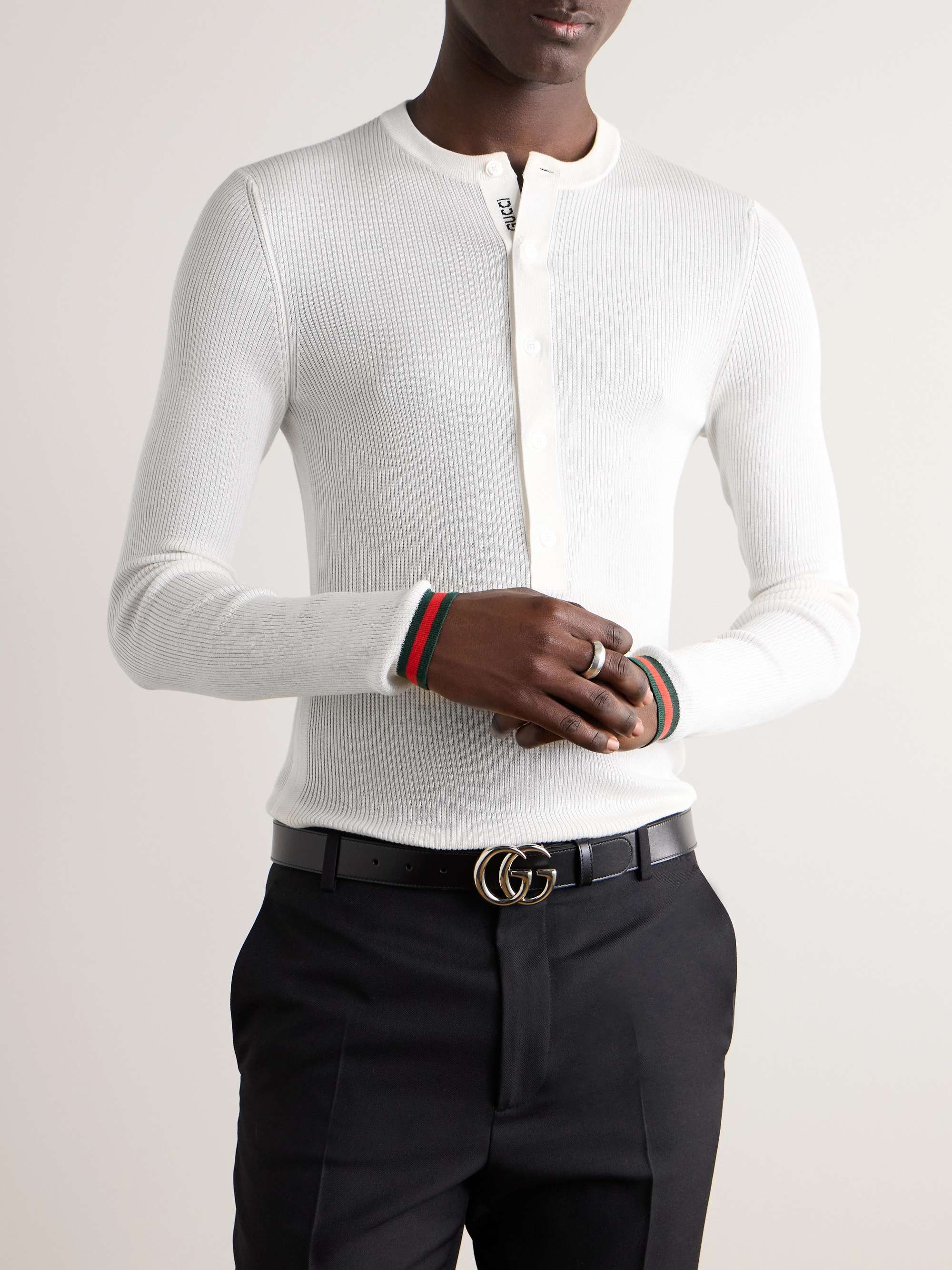 Slim-Fit Striped Ribbed Silk Henley T-Shirt view
