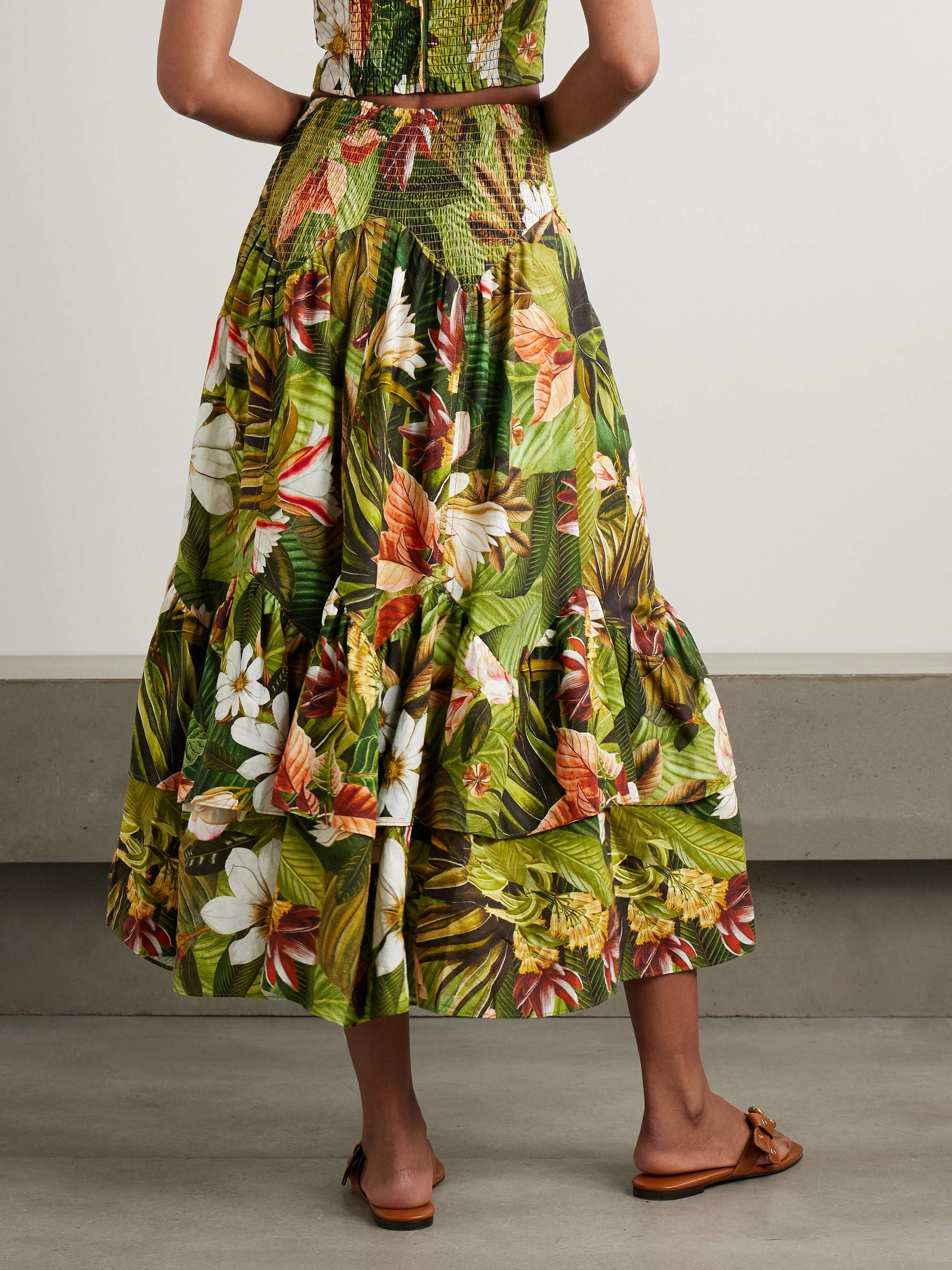 Botanical Forest asymmetric tiered linen-blend midi skirt view
