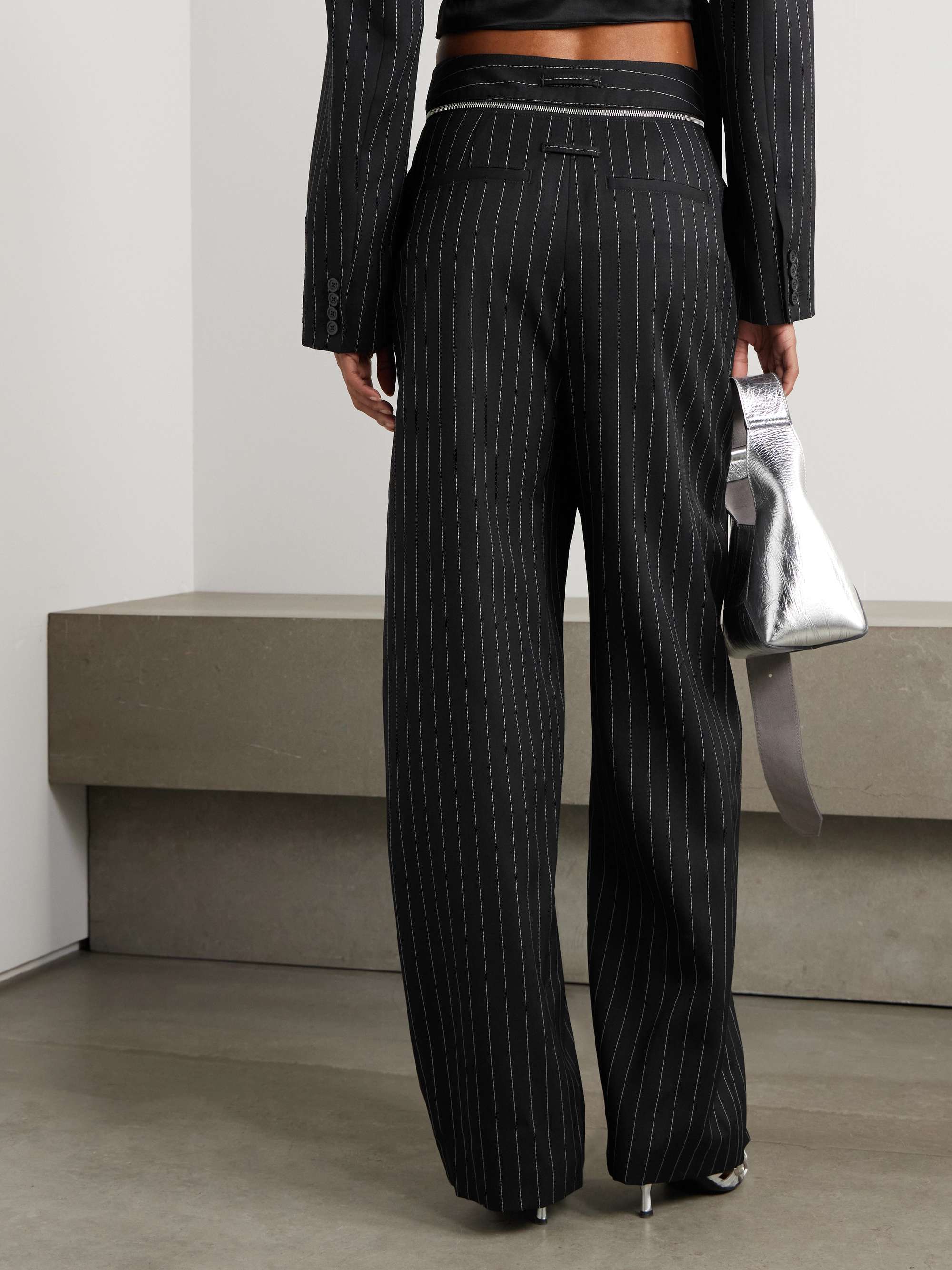 Zip-detailed belted pinstriped wool-twill wide-leg pants view