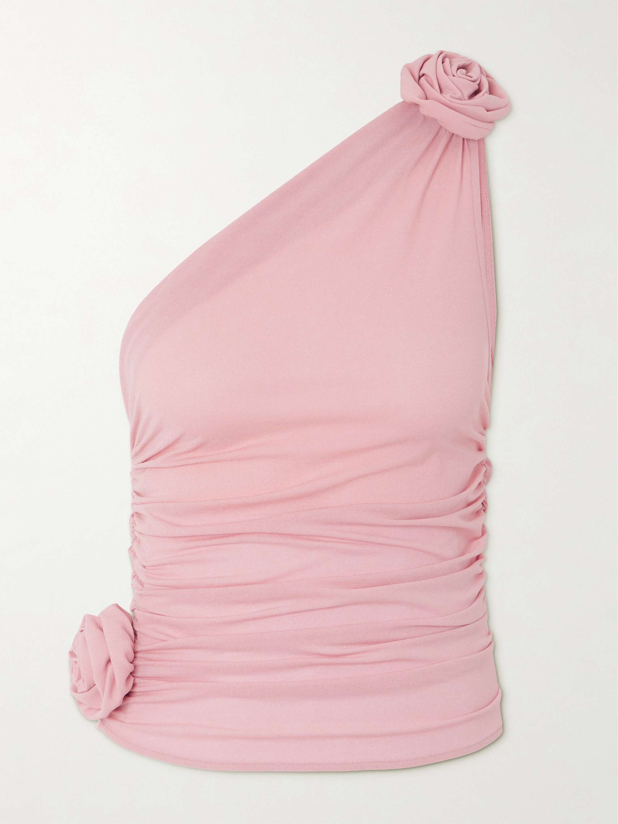 One-shoulder appliquéd ruched stretch-silk top view