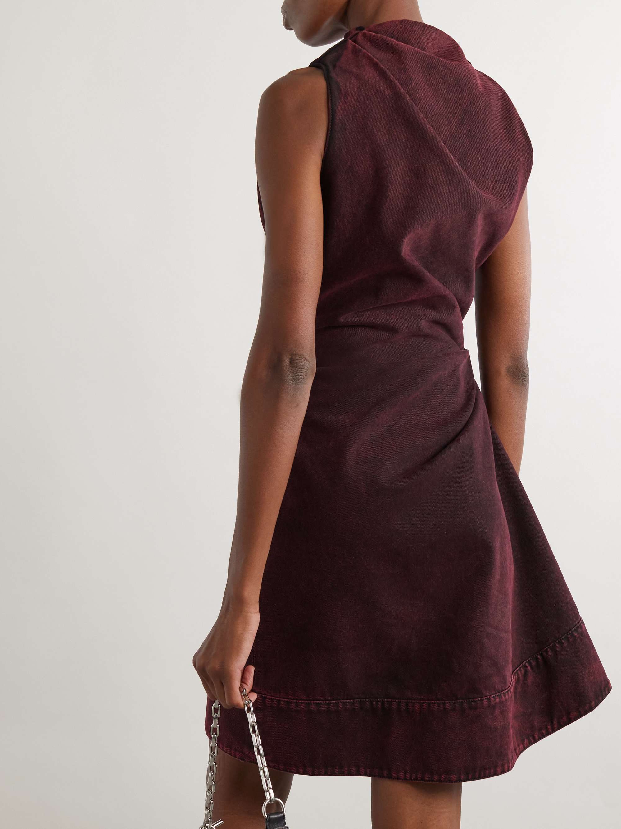 Gathered asymmetric denim mini dress view