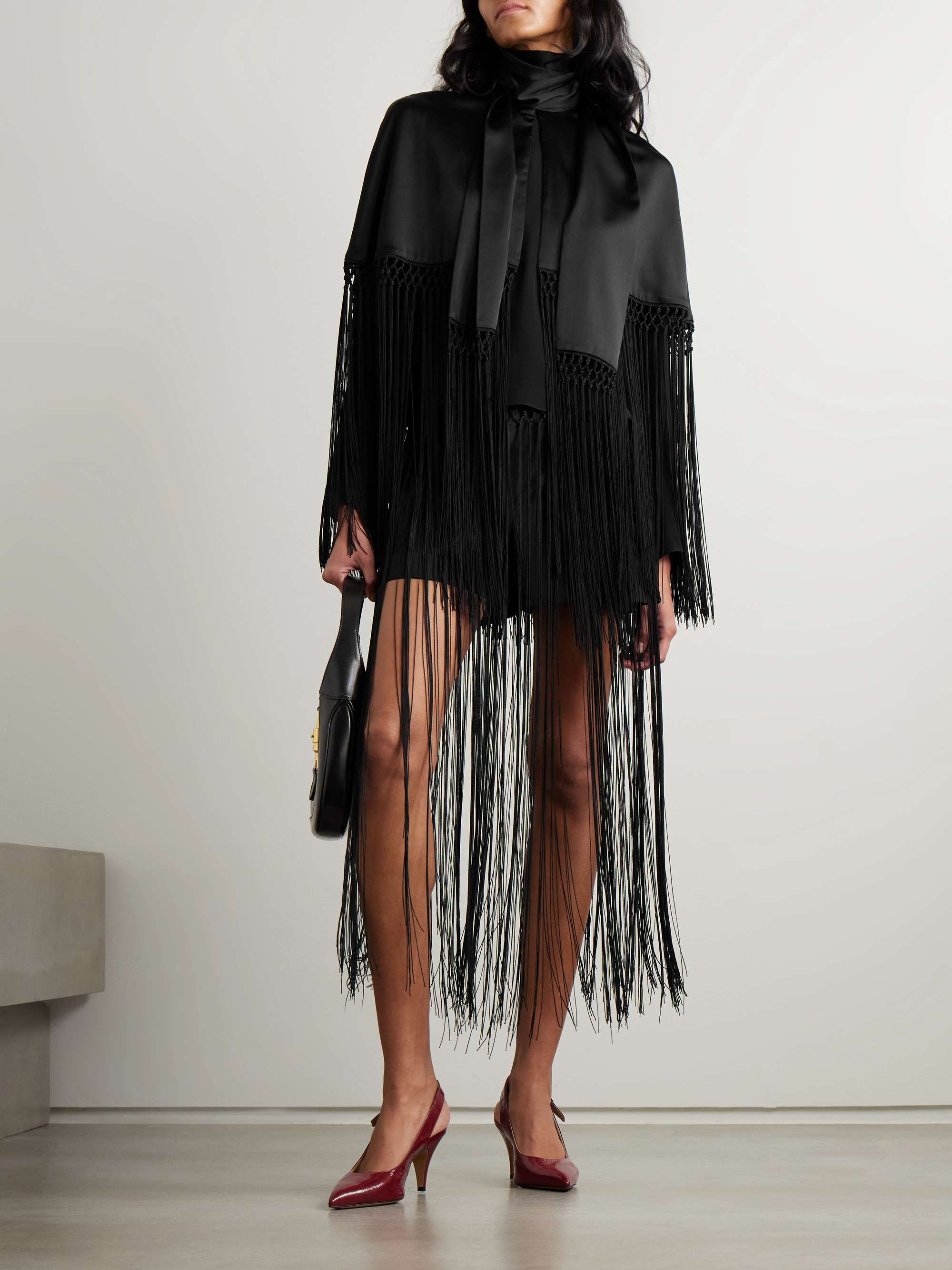 Lydia cropped fringed silk-charmeuse cape view