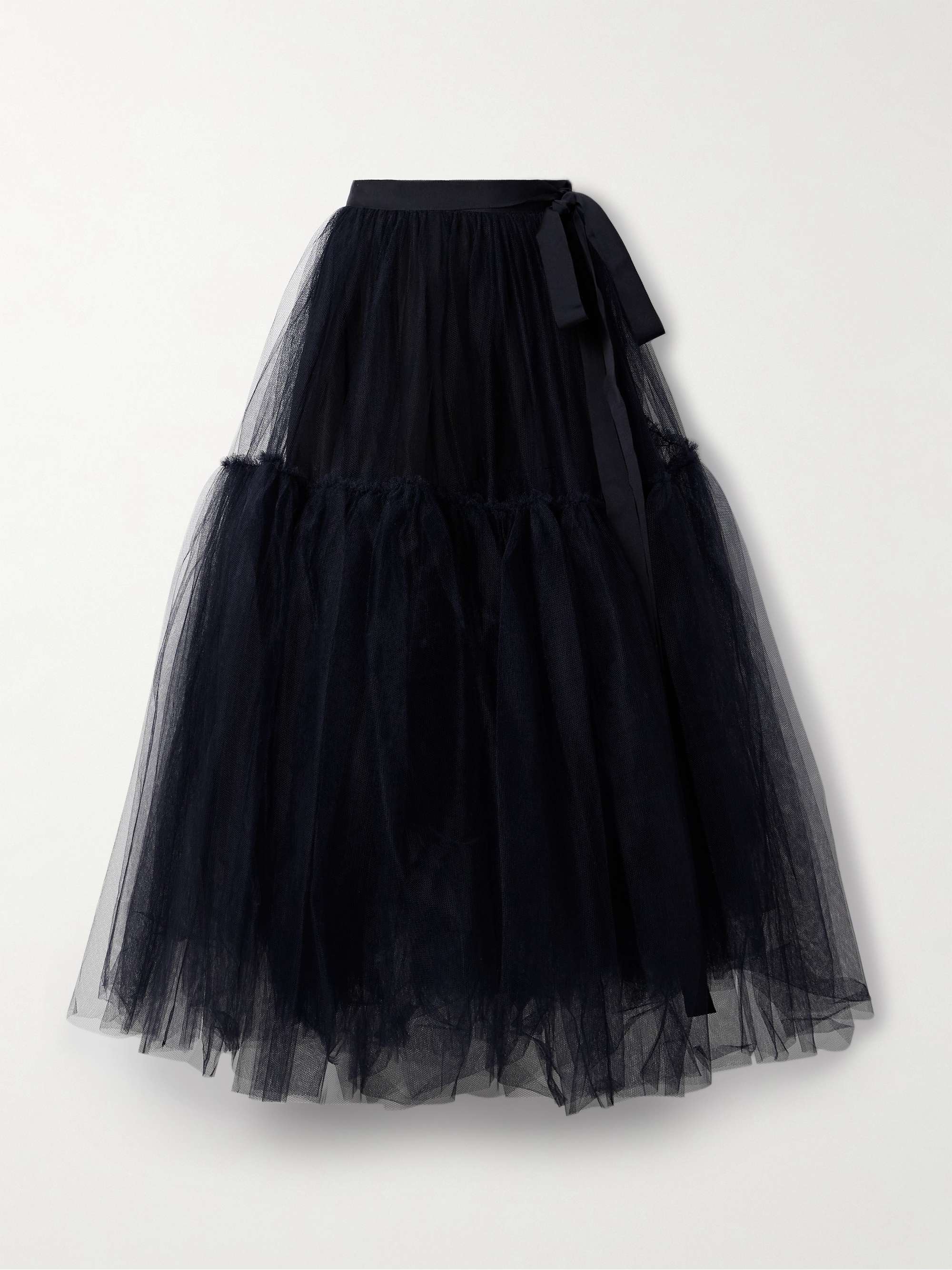 Grosgrain-trimmed gathered tulle midi skirt view