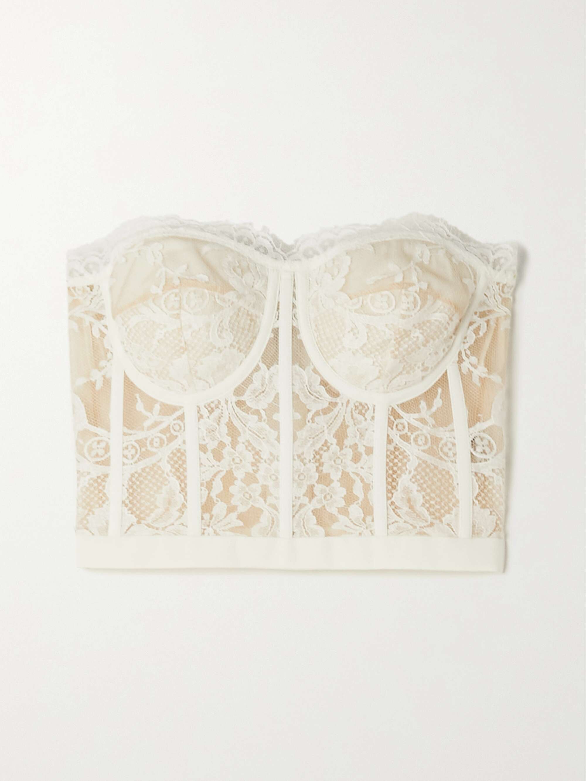 Satin-trimmed cotton-blend corded lace bustier top view