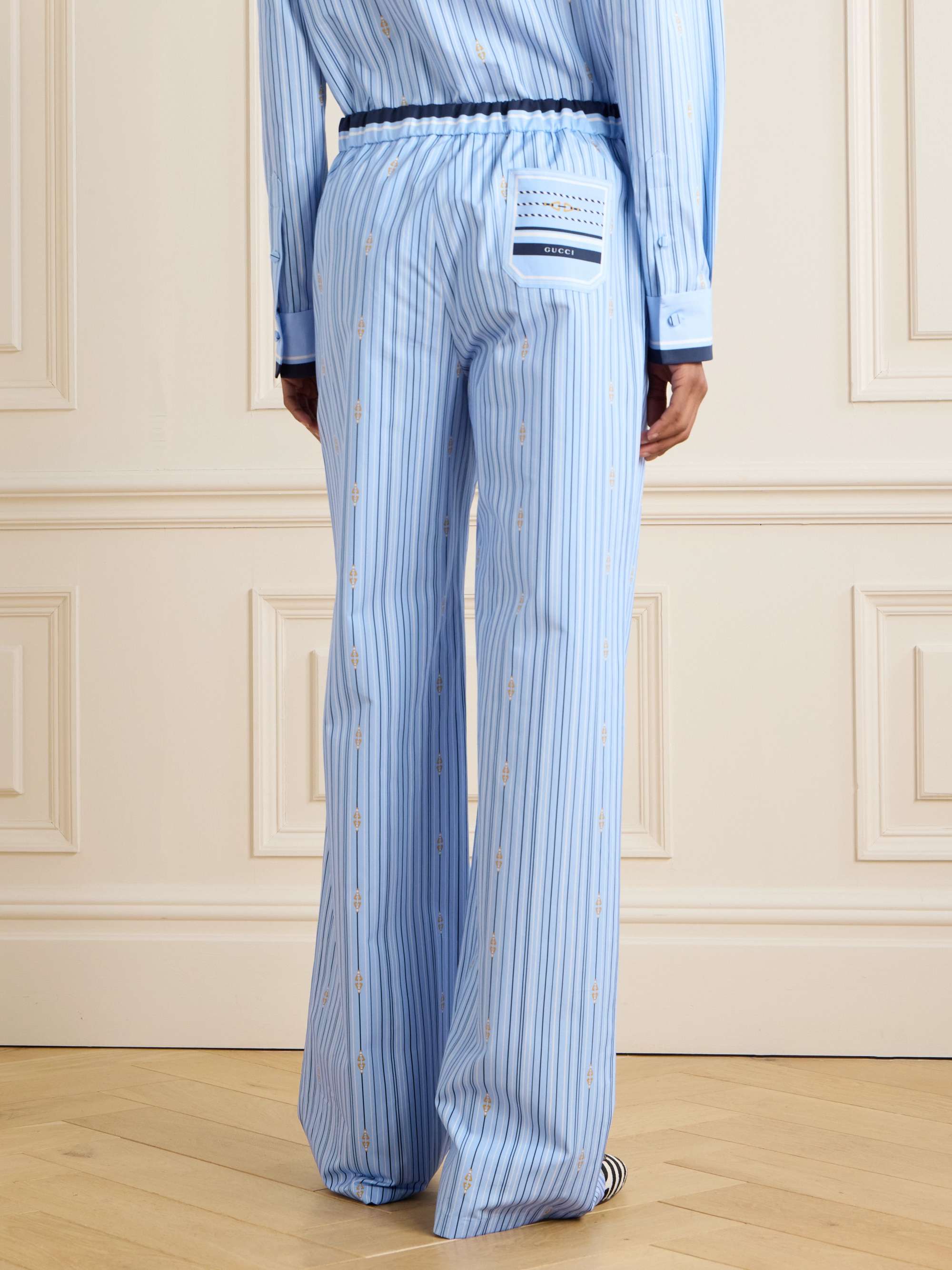 Printed striped cotton-poplin wide-leg pants view
