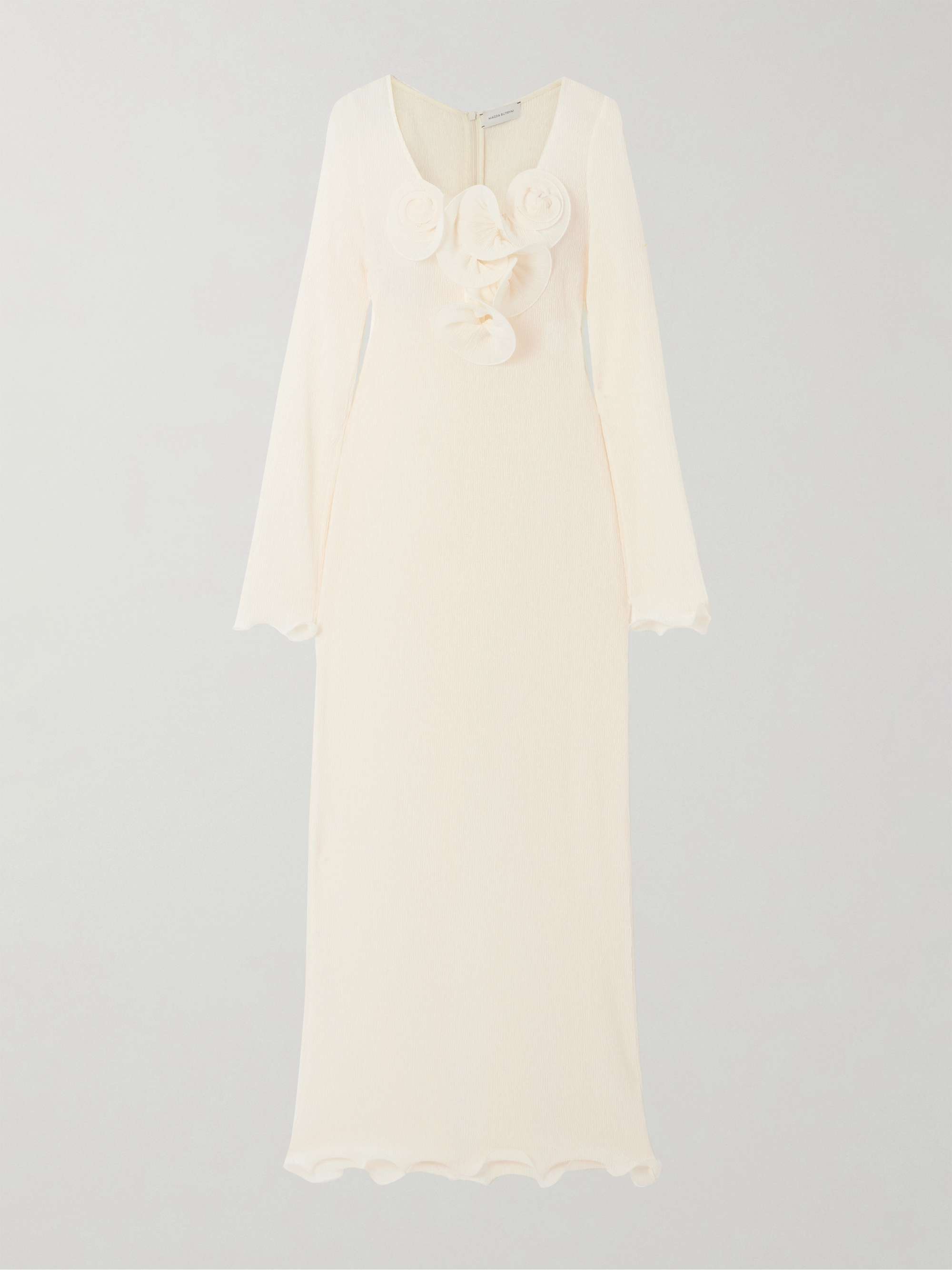 Appliquéd ruffled ribbed Lyocell-blend midi dress view