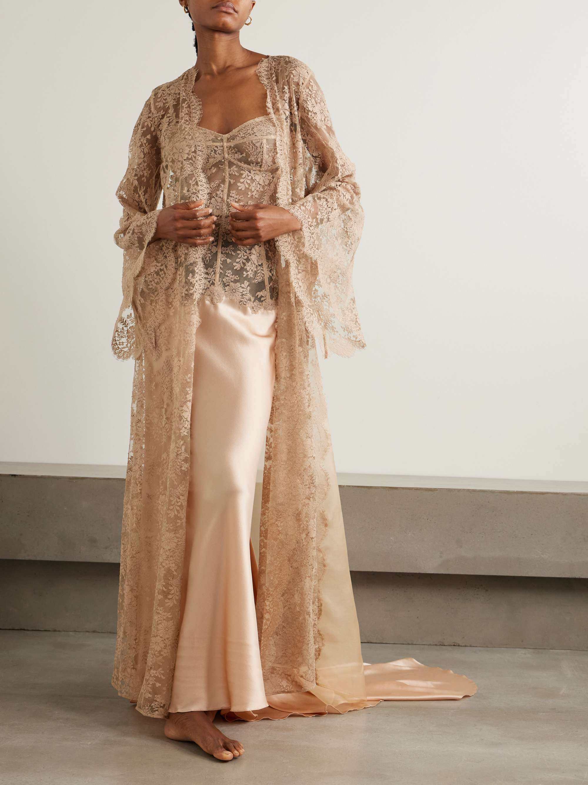 Classic Love belted satin-trimmed cotton-blend lace robe view