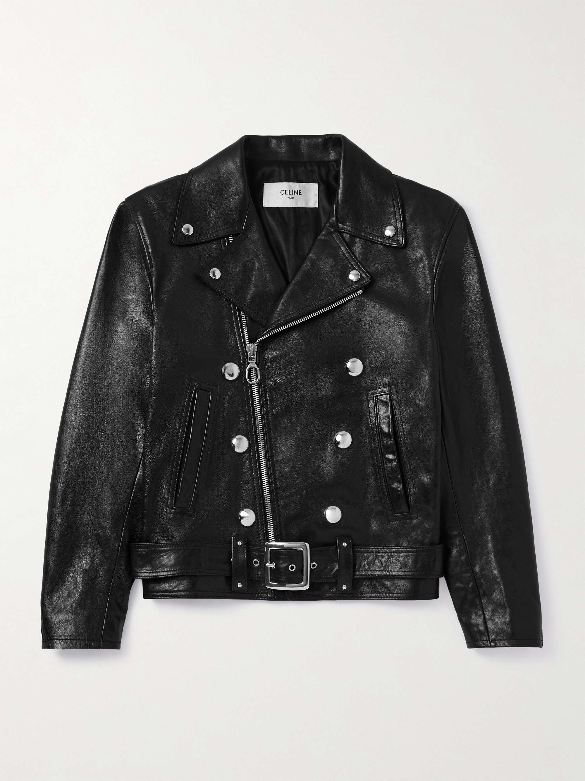 Slim-Fit Studded Belted Leather Biker Jacket view
