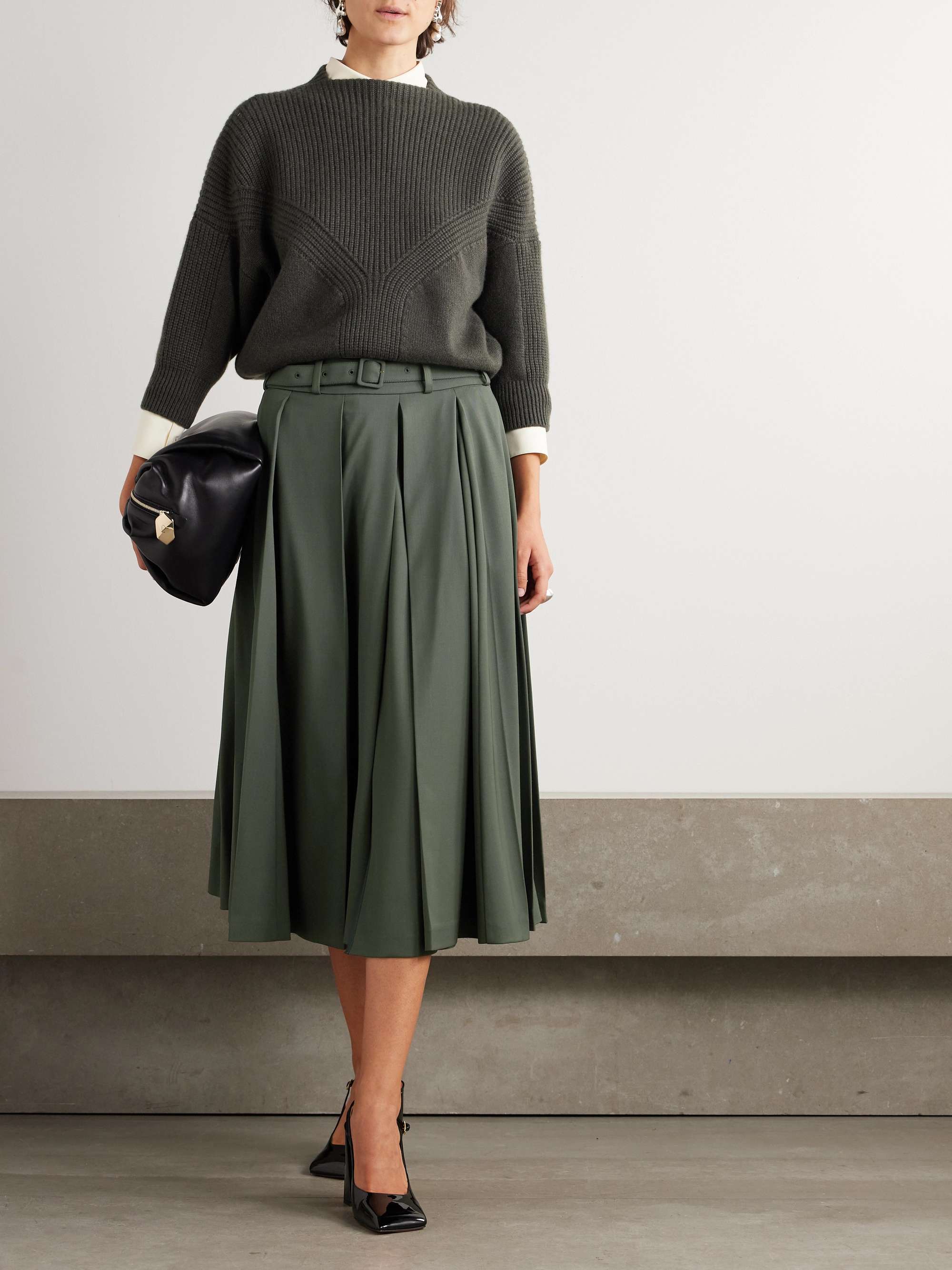 Belted pleated stretch-wool twill midi skirt view