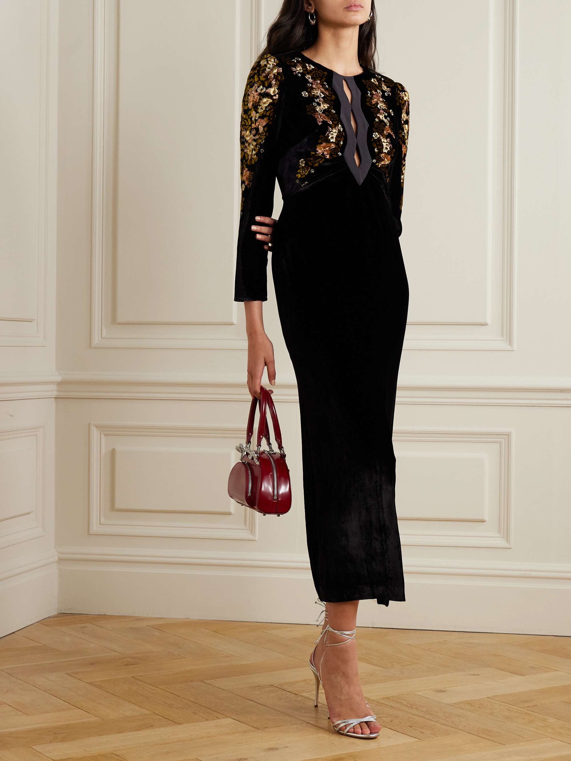 Jinx C silk-trimmed floral-print velvet midi dress view
