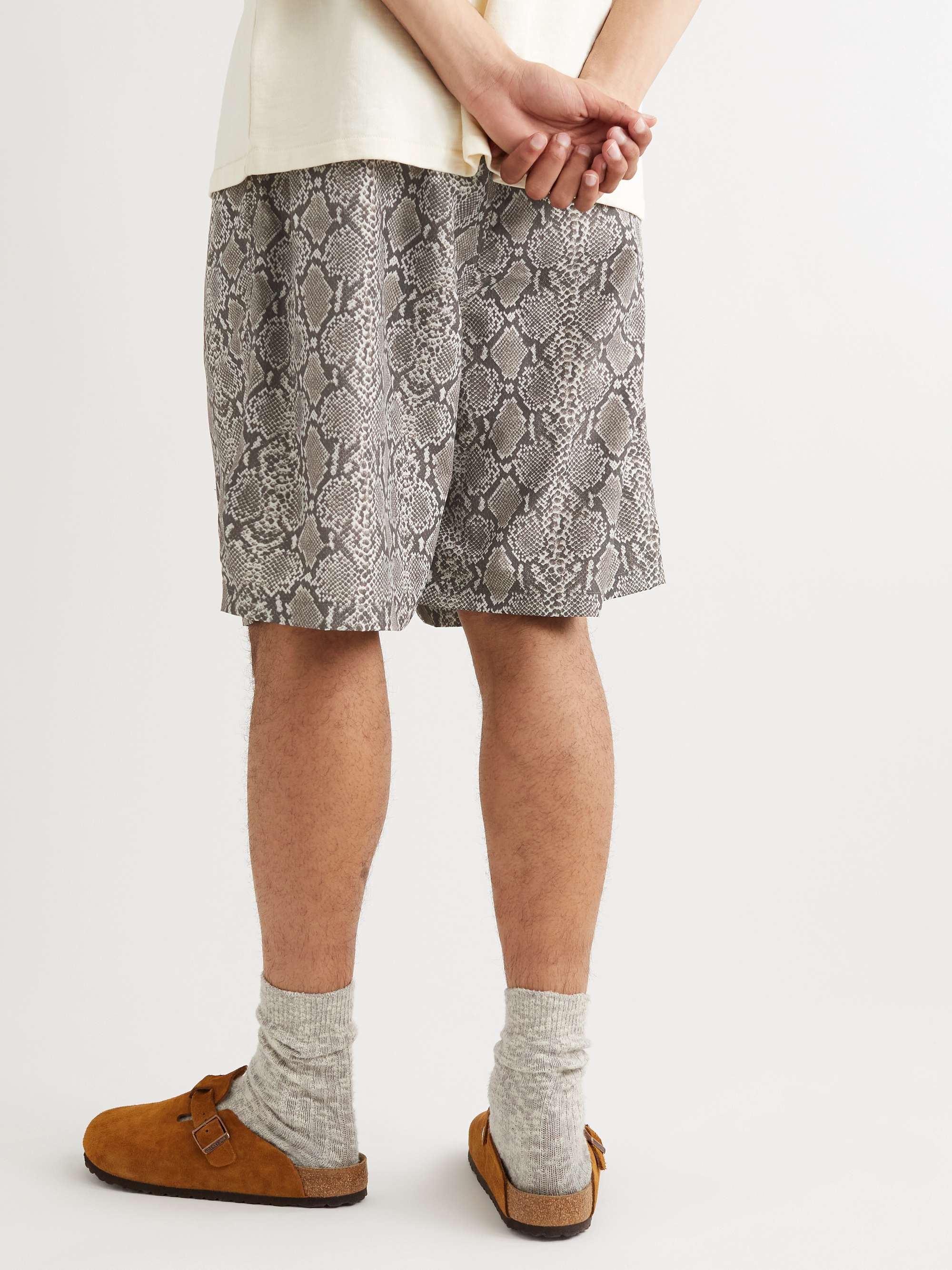 Straight-Leg Belted Snake-Print Taffeta Shorts view
