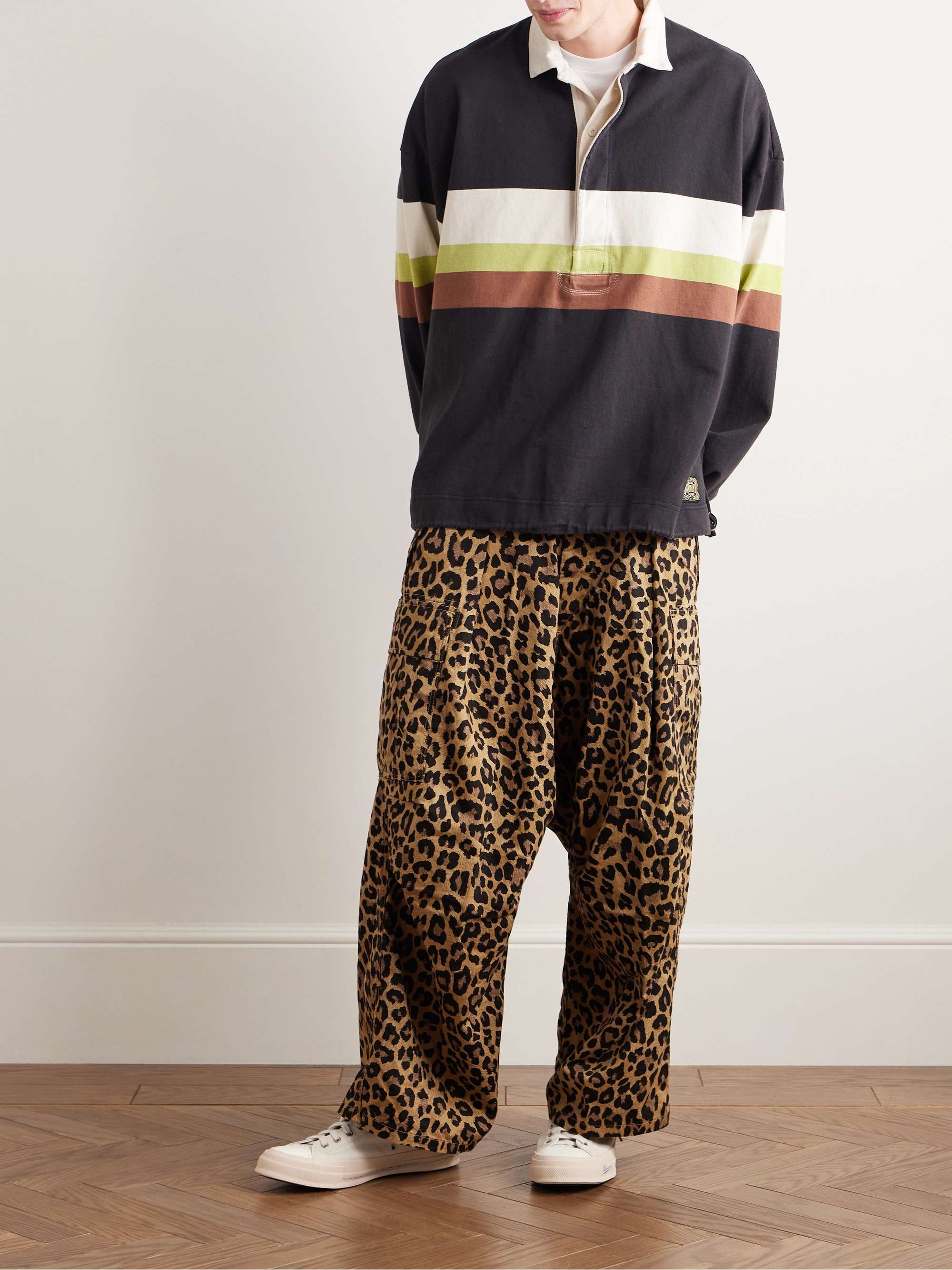 Wide-Leg Leopard-Print Herringbone Cotton Cargo Trousers view