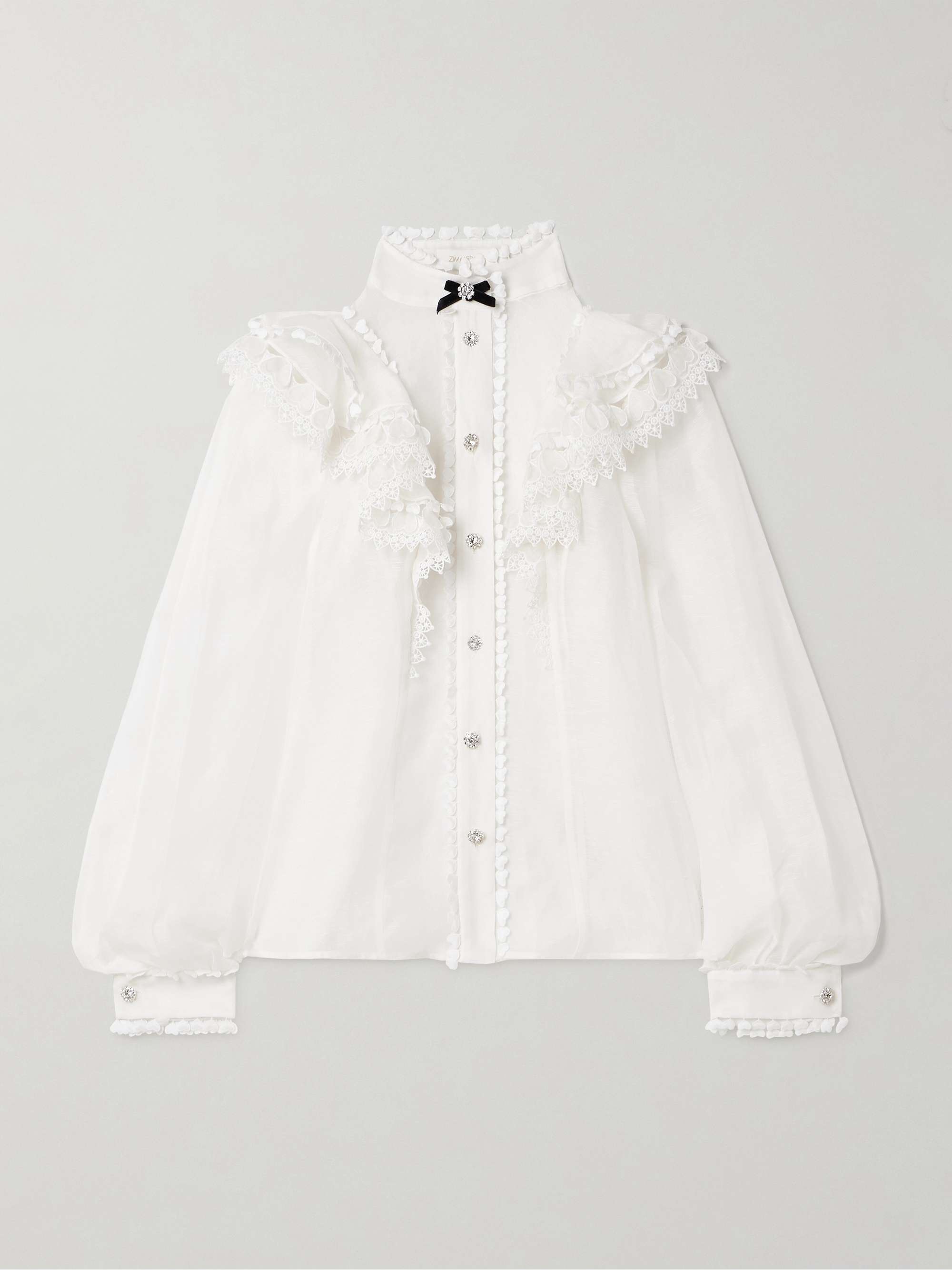 Crush crystal-embellished guipure lace-trimmed ruffled linen and silk-blend organza shirt view