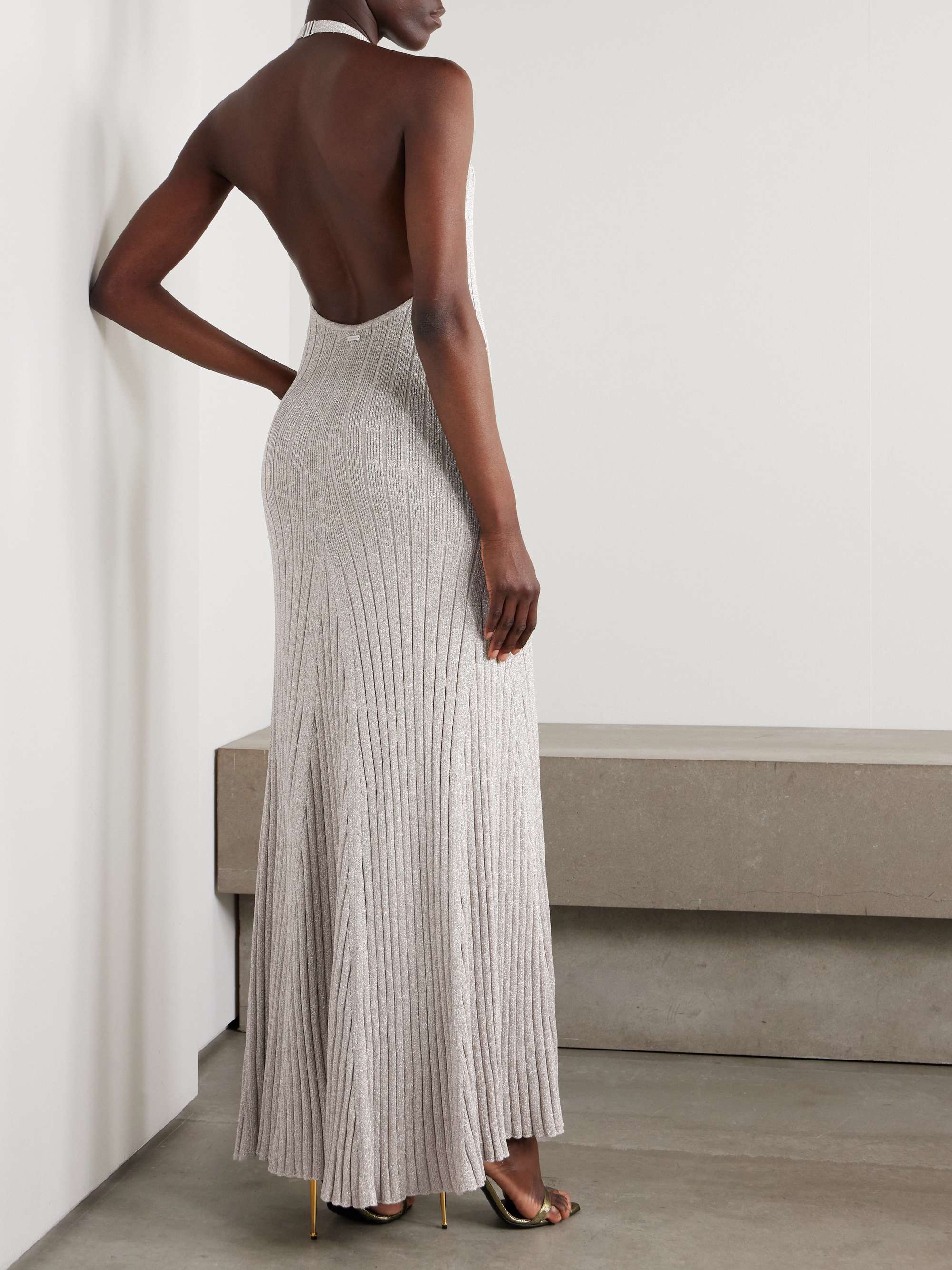 Metallic ribbed-knit halterneck maxi dress view