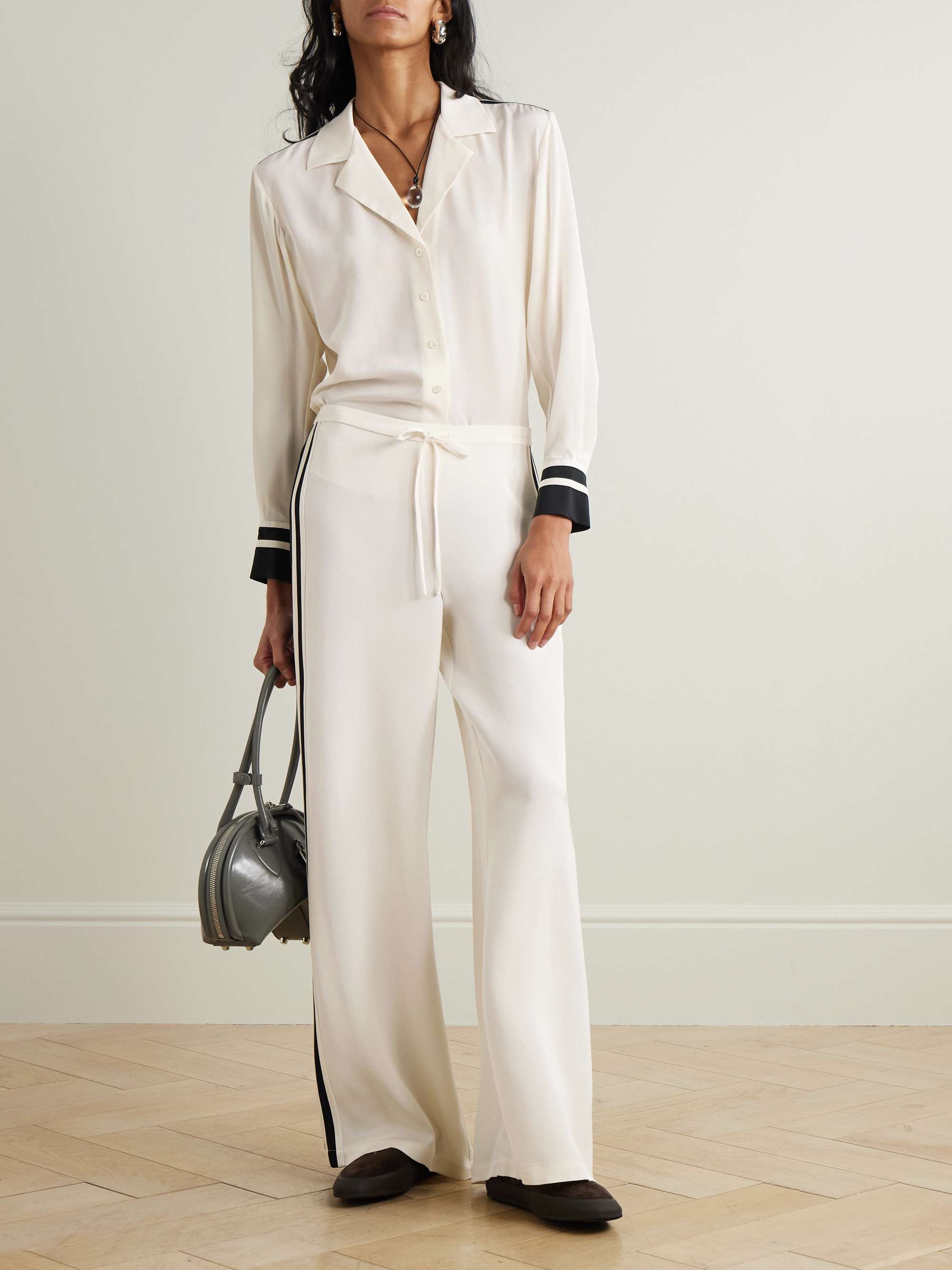 Striped silk-crepe wide-leg pants view