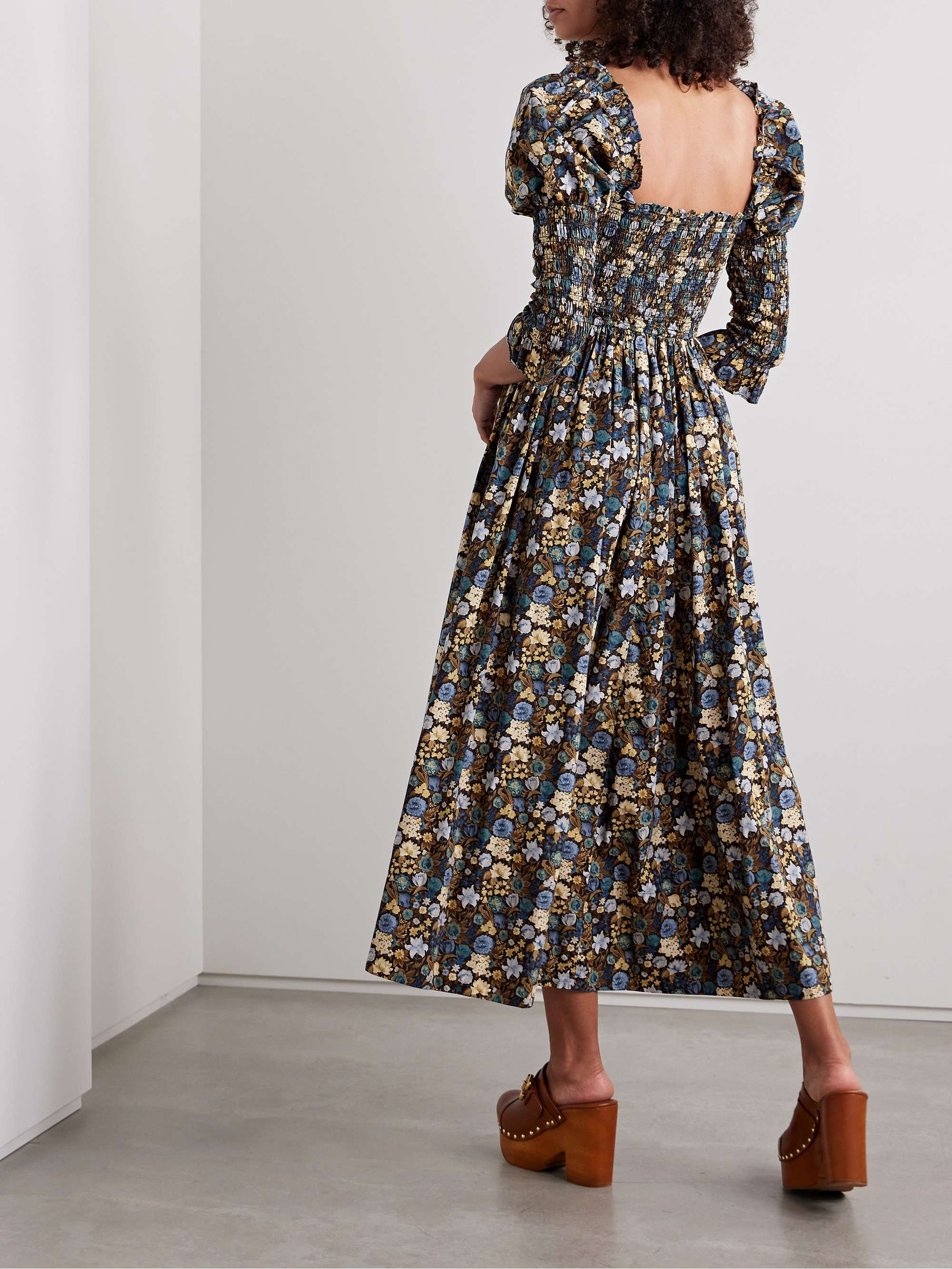 Bijou shirred floral-print organic cotton-voile midi dress view