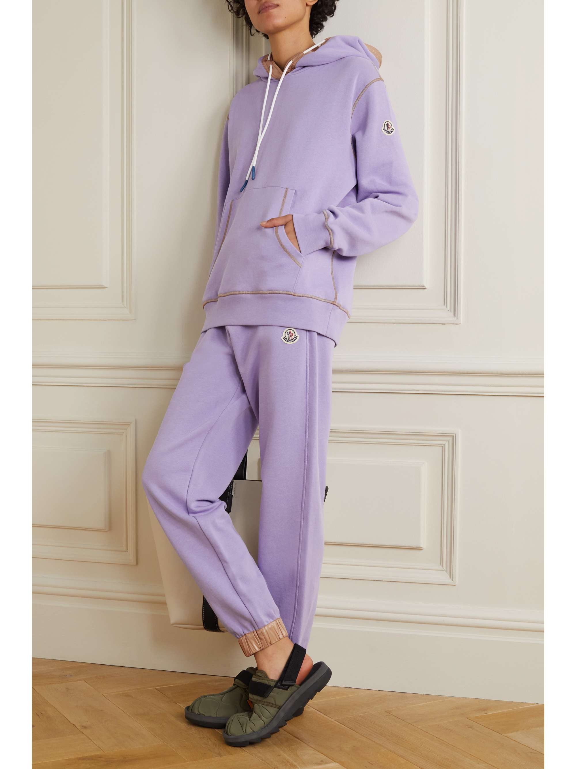 Faux leather-trimmed cotton-blend jersey track pants view