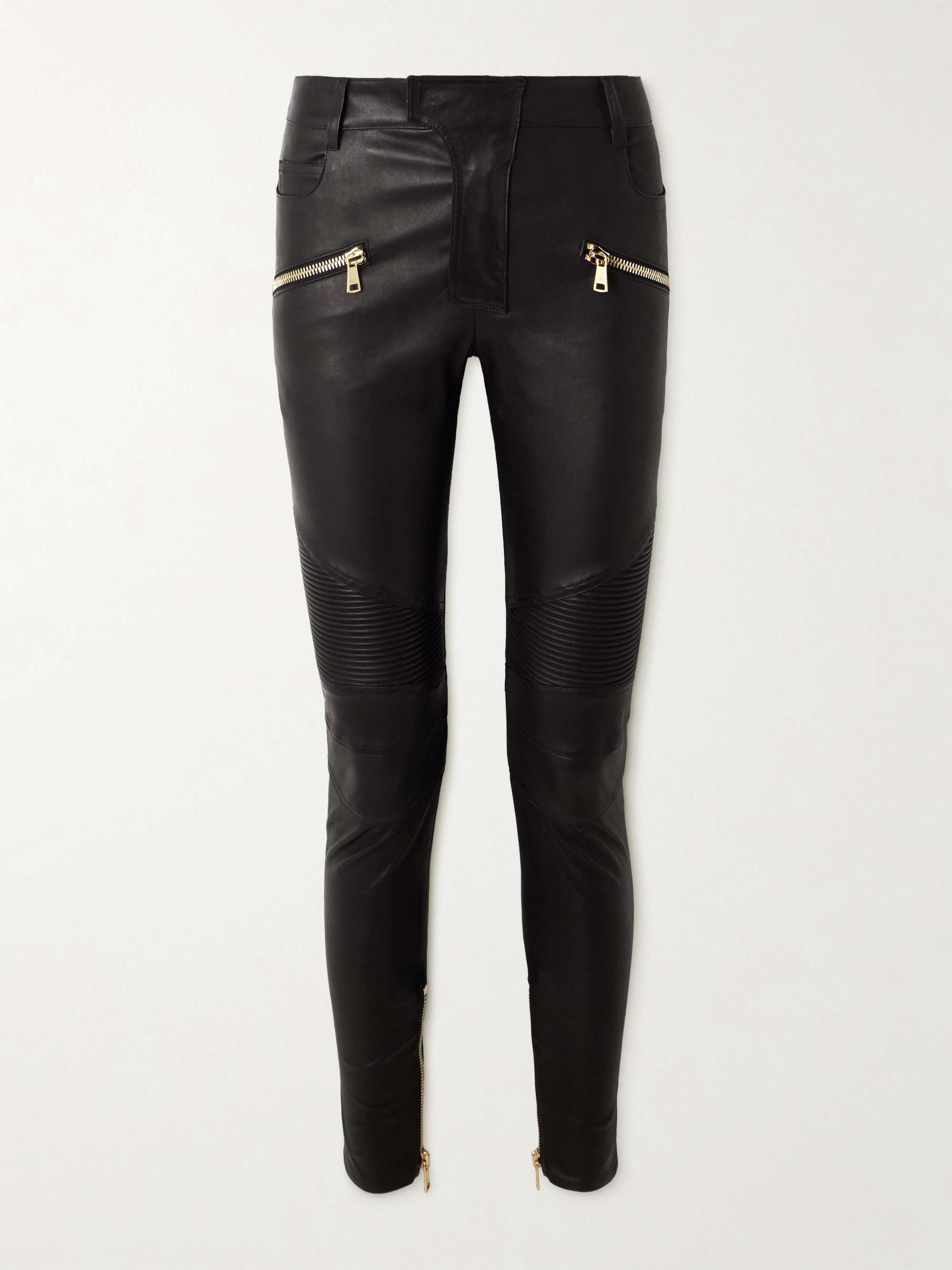 Zip-detailed paneled leather skinny pants view