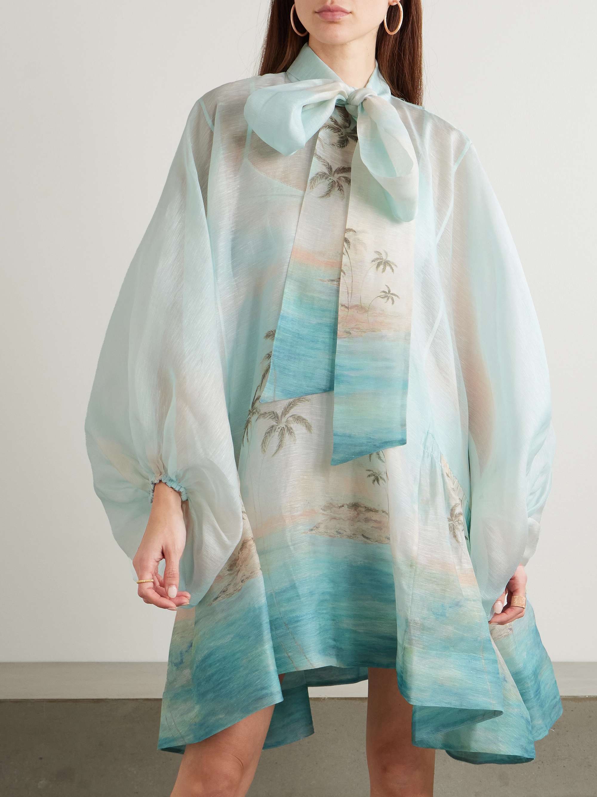 Illuminate Billow pussy-bow printed linen and silk-blend mini dress view