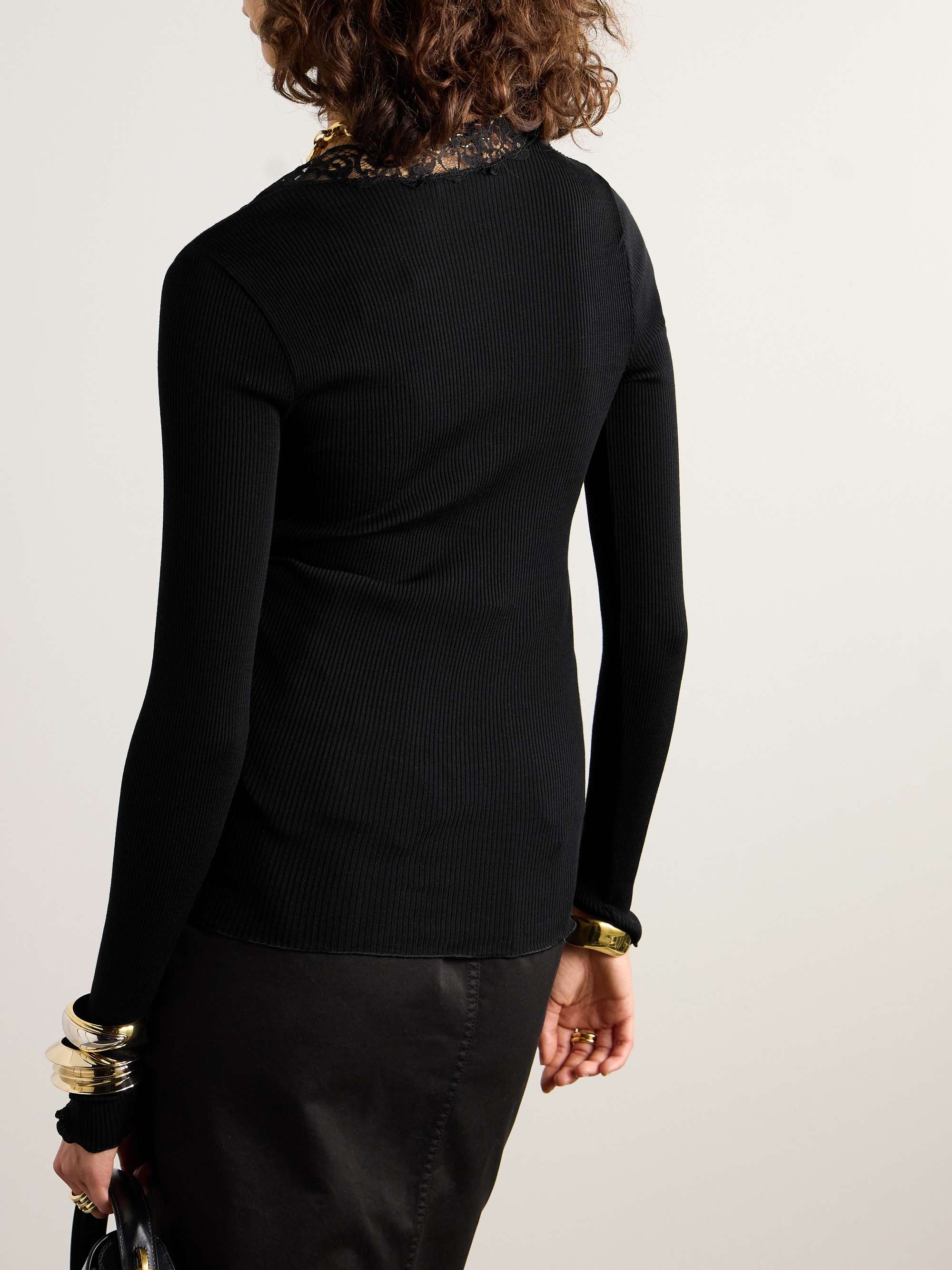 Scalloped lace-trimmed ribbed wool and silk-blend cardigan view