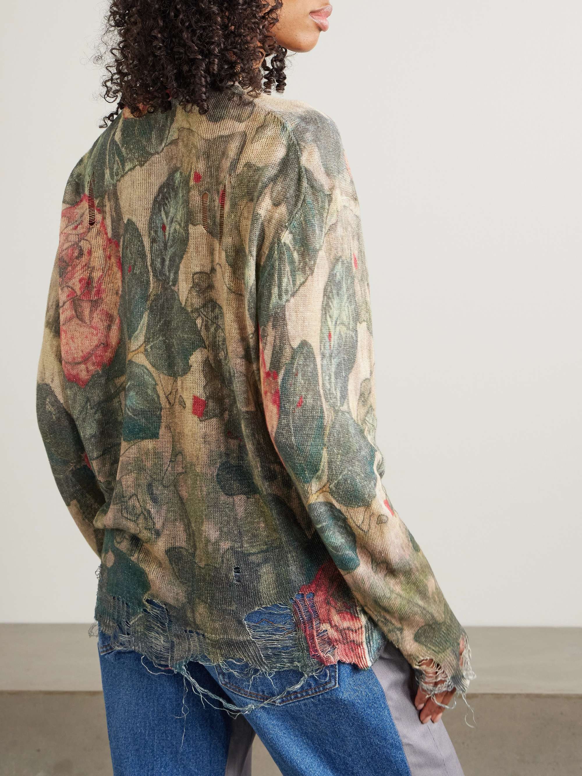 Boyfriend distressed floral-print linen cardigan view