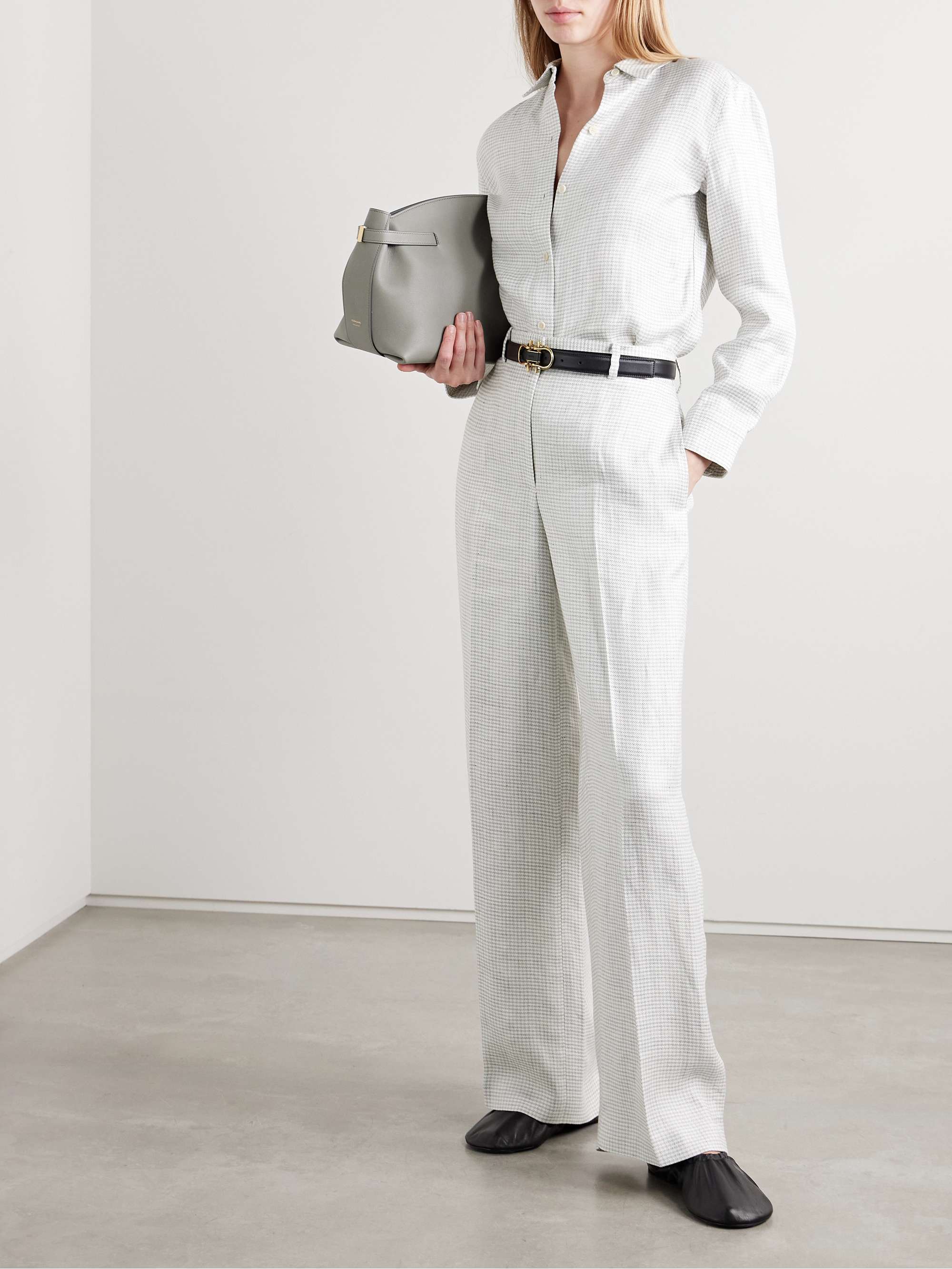 Houndstooth linen-blend wide-leg pants view