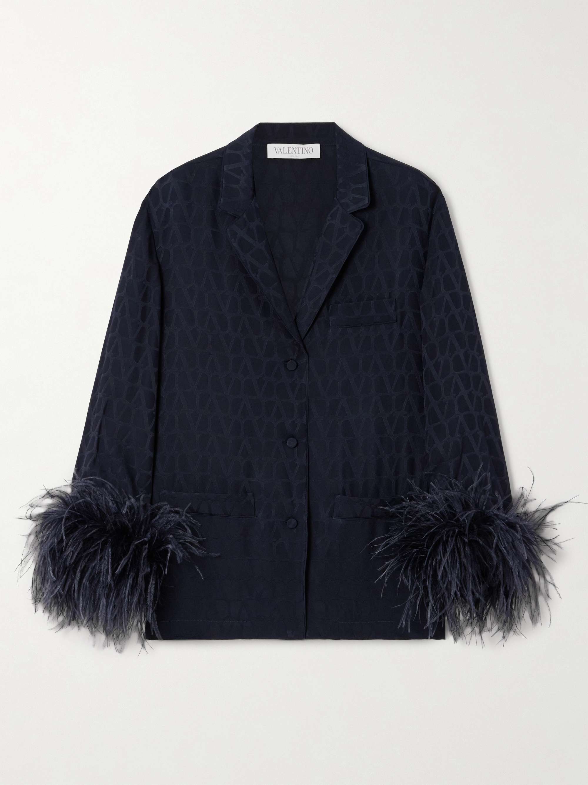 Feather-trimmed silk satin-jacquard shirt view