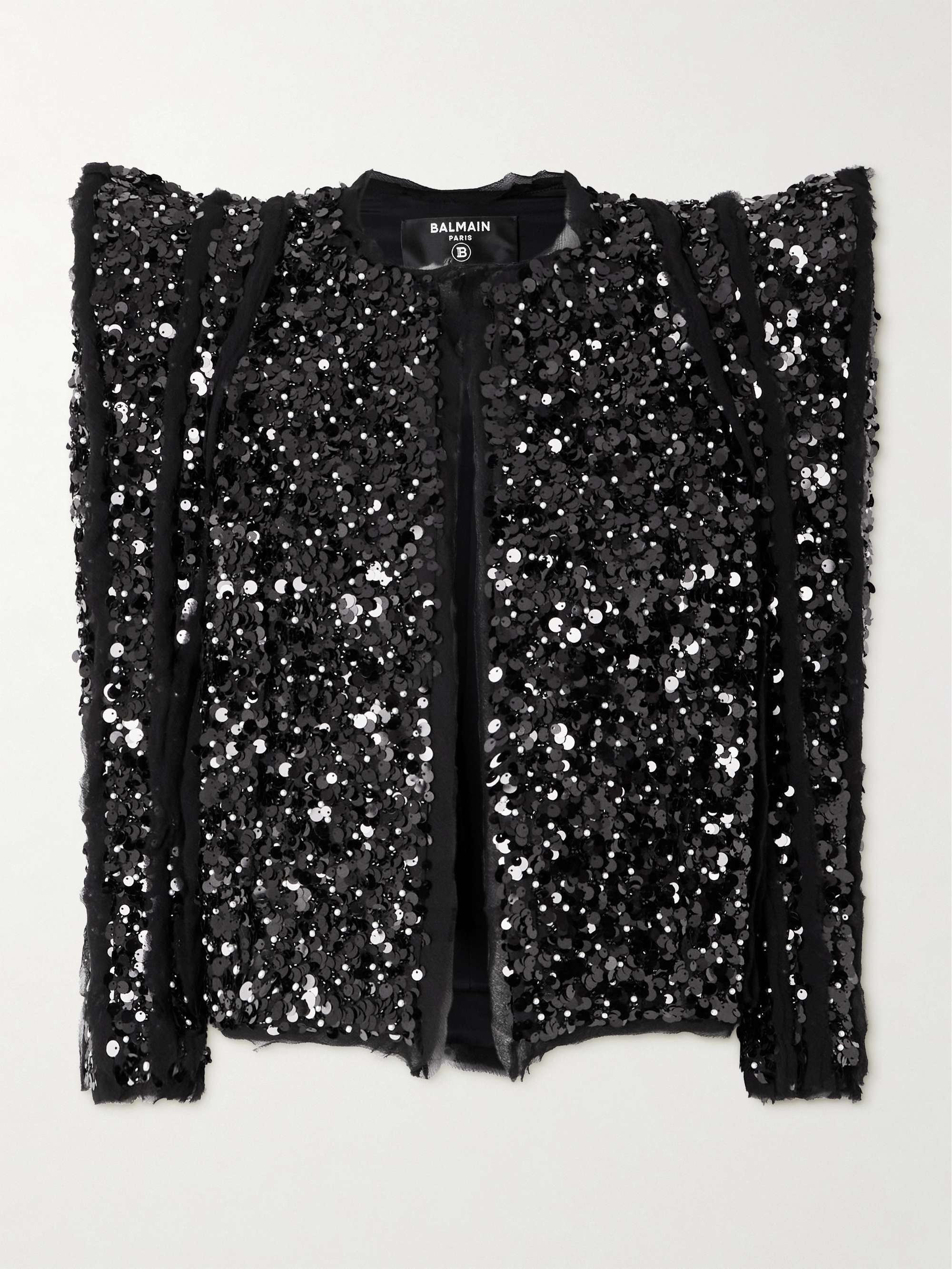 Embellished mesh and crepon jacket view